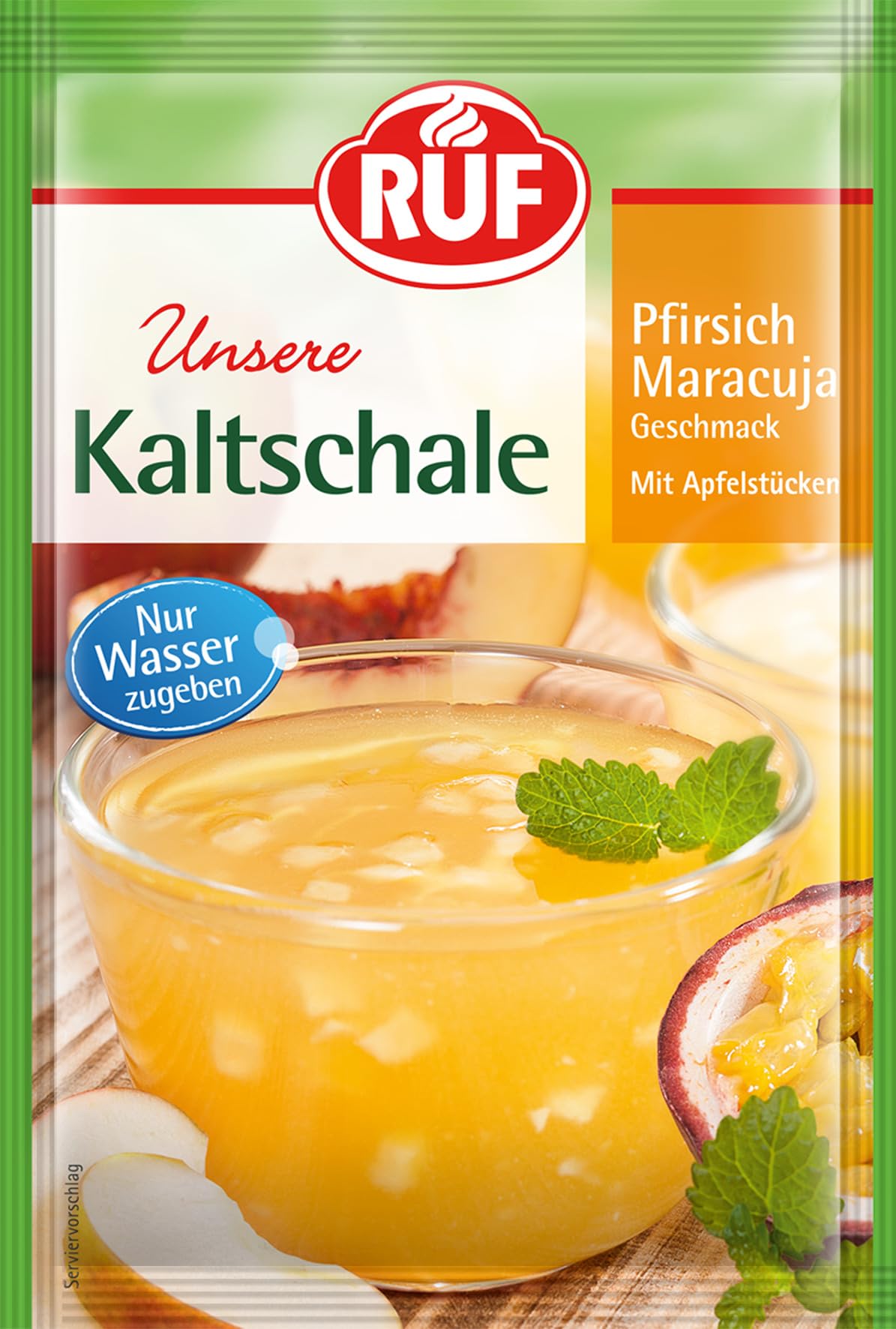 RUF Kaltschale Pfirsich-Maracuja, fruchtig erfrischendes Dessert mit gefriergetrockneten Früchten, kurze Kühlzeit, glutenfrei und vegan