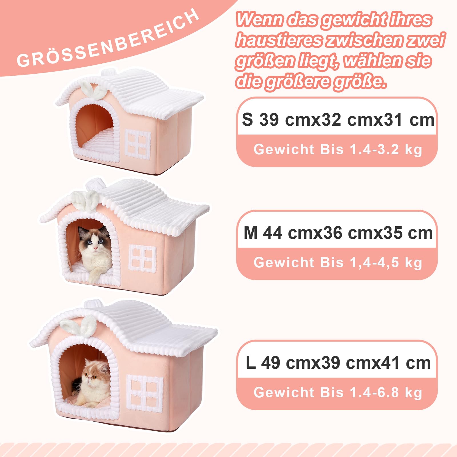 Jiupety Häschenohren-Katzenhaus Indoor, Schornstein-Katzenbett Höhle, Katzenhöhle Warm für 1.4-6.8 kg Katze und Hunde, Faltbare Mit Herausnehmbarem Cat House Cat Bed für alle Jahreszeiten