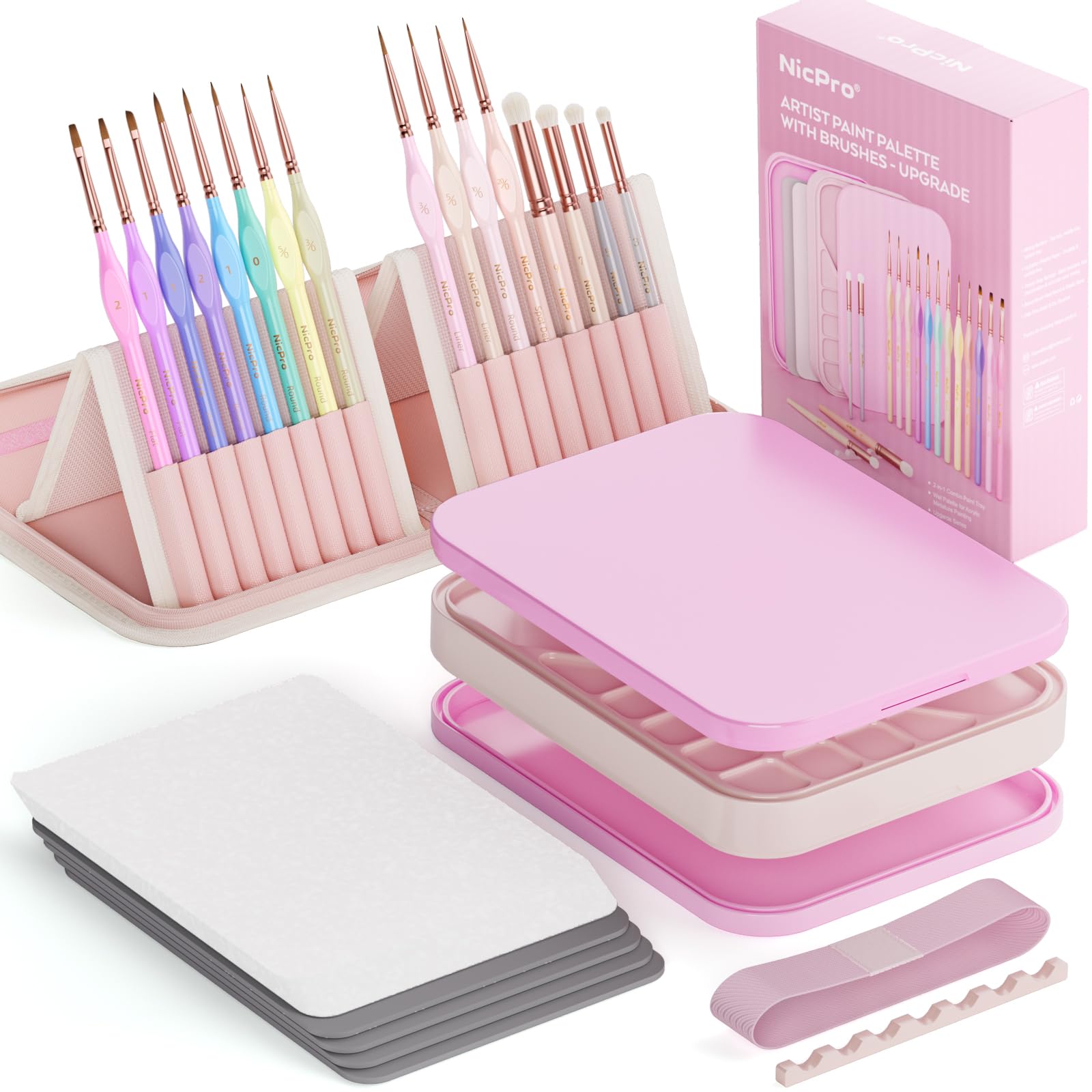 Nicpro Kit de peinture miniature esthétique, palette humide et 16 pinceaux de peinture pastel avec sac en nylon, 100 feuilles de papier, 4 éponges, palette de peinture pour figurines Chibi Miniatures
