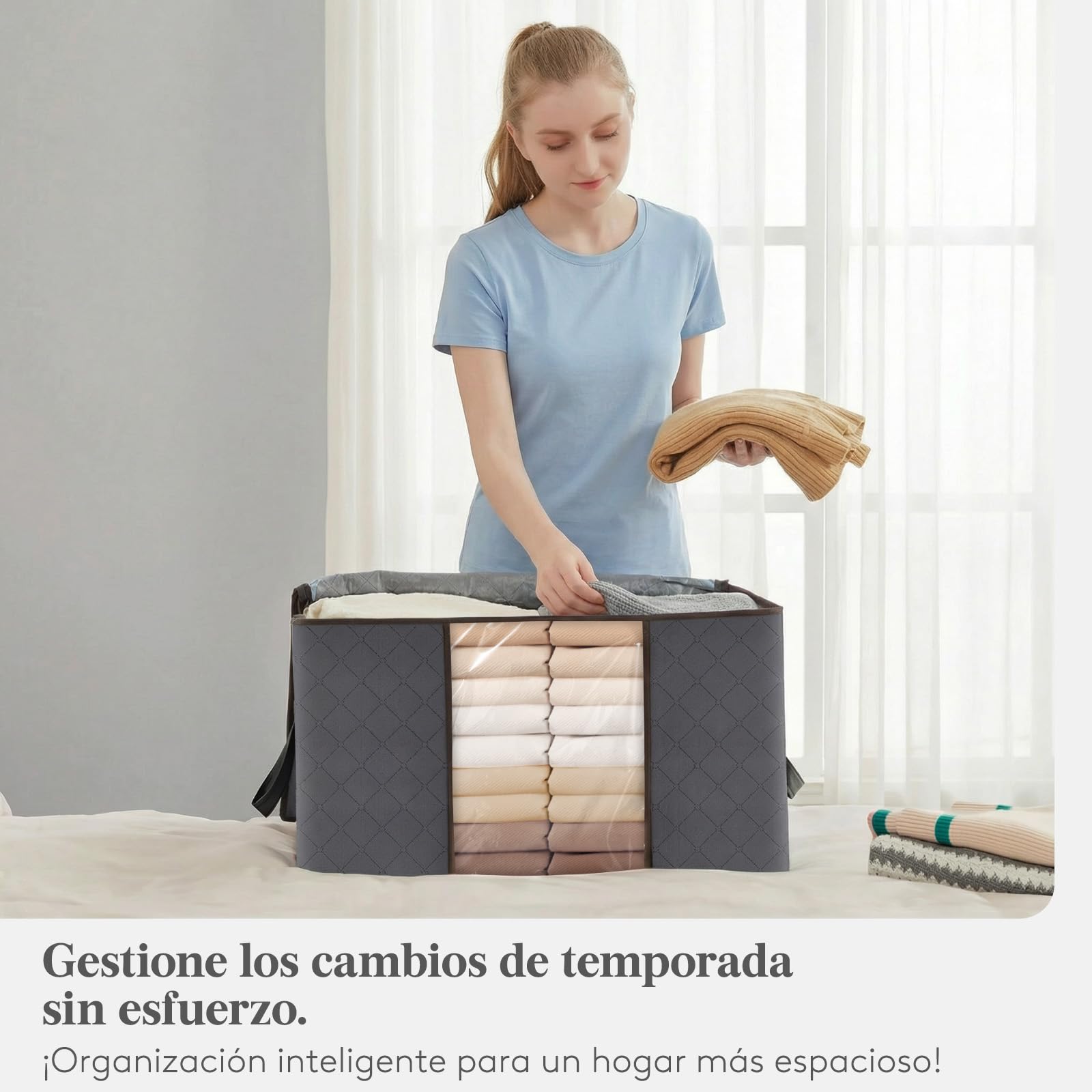 Lifewit Bolsa Almacenaje Ropa, Cajas Almacenaje Plegable, Organizador Armario, Cajas Mudanza, Bolsas con Asa Reforzada para Guardar Ropa, Mantas, Edredones, Gris, 65L, 3 Piezas