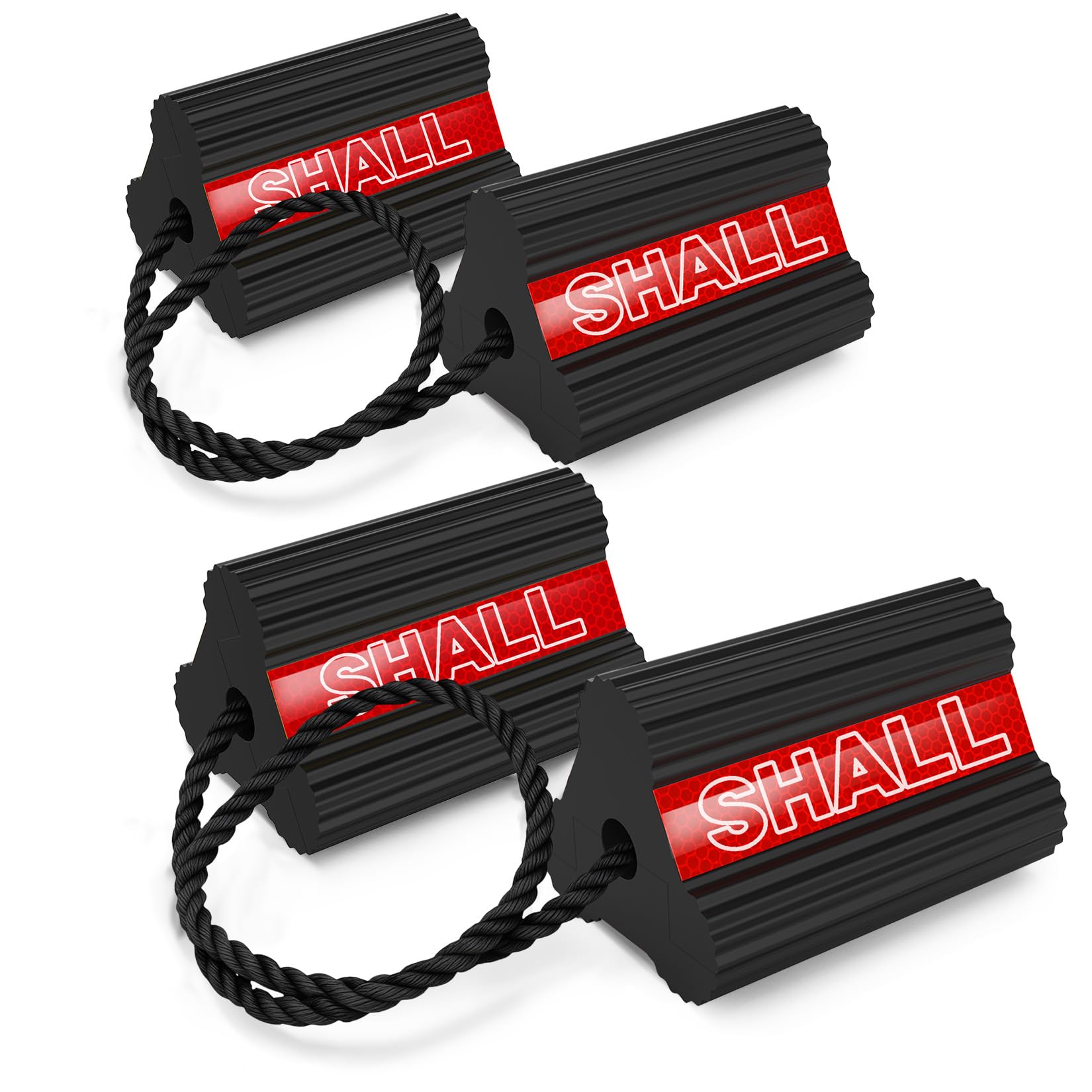 SHALL Cunei per ruote, in gomma resistente, con 3 strisce riflettenti, blocco solido per camper, camion, auto, aerei, confezione da 2 paia/4 pezzi con corda, rosso