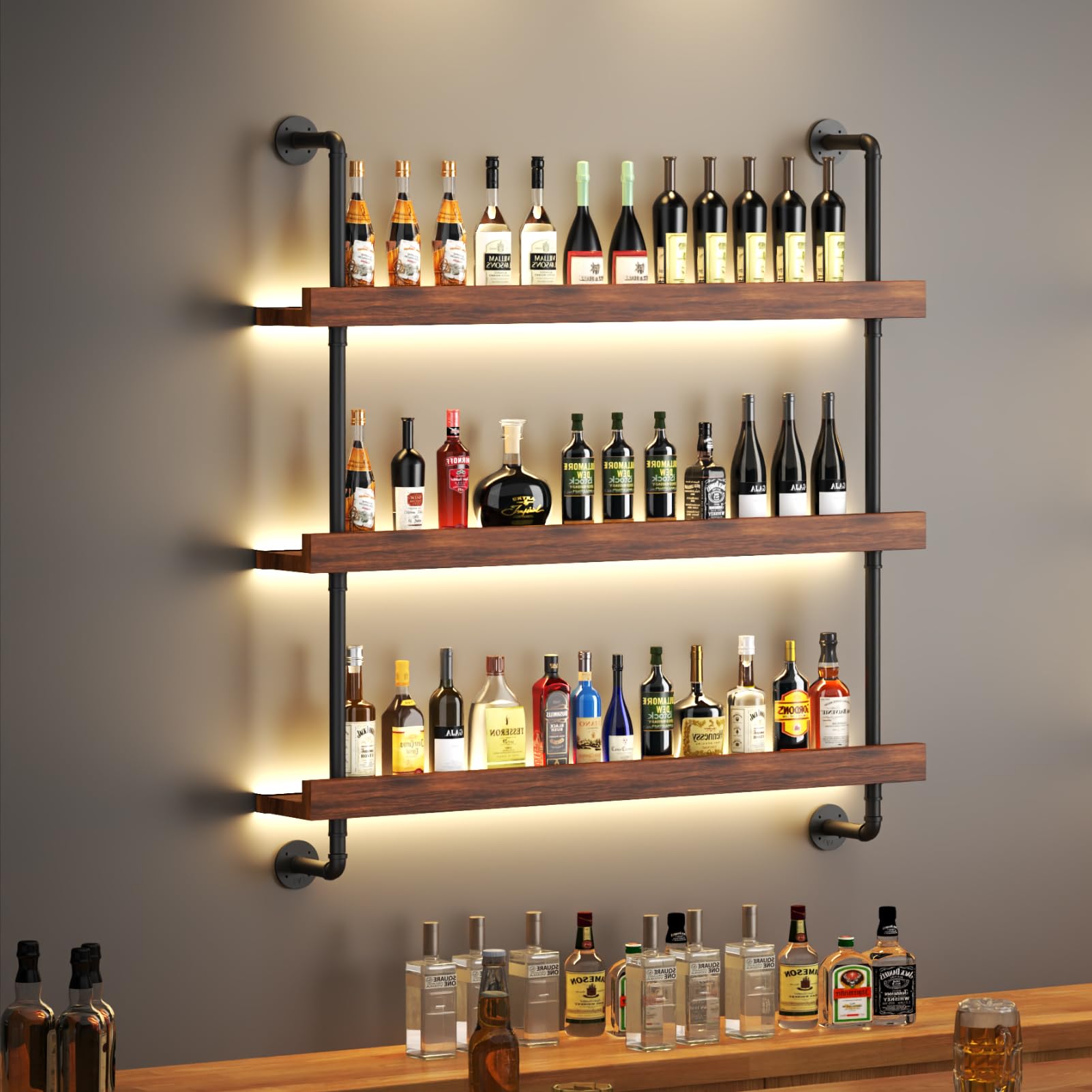 Portabottiglie da Parete con LED, 3 Livelli legno portabottiglie in metallo per vino, 80cm Vetrinetta Pensile, adatto per bar, cucine e ristoranti