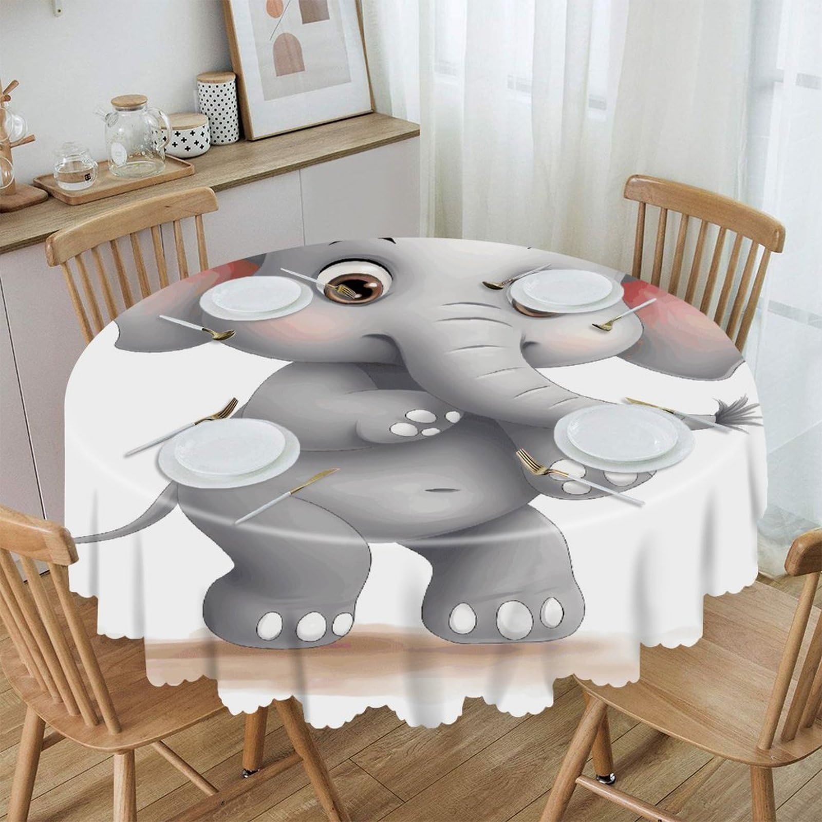 JTREHY Cute Elephant Round Tablecloth 60 Inch Water Resistant Spill Proof Washable Polyester Table Cloth Wipeable Washable Table Cover for Buffet Tables Holiday Party Dinner