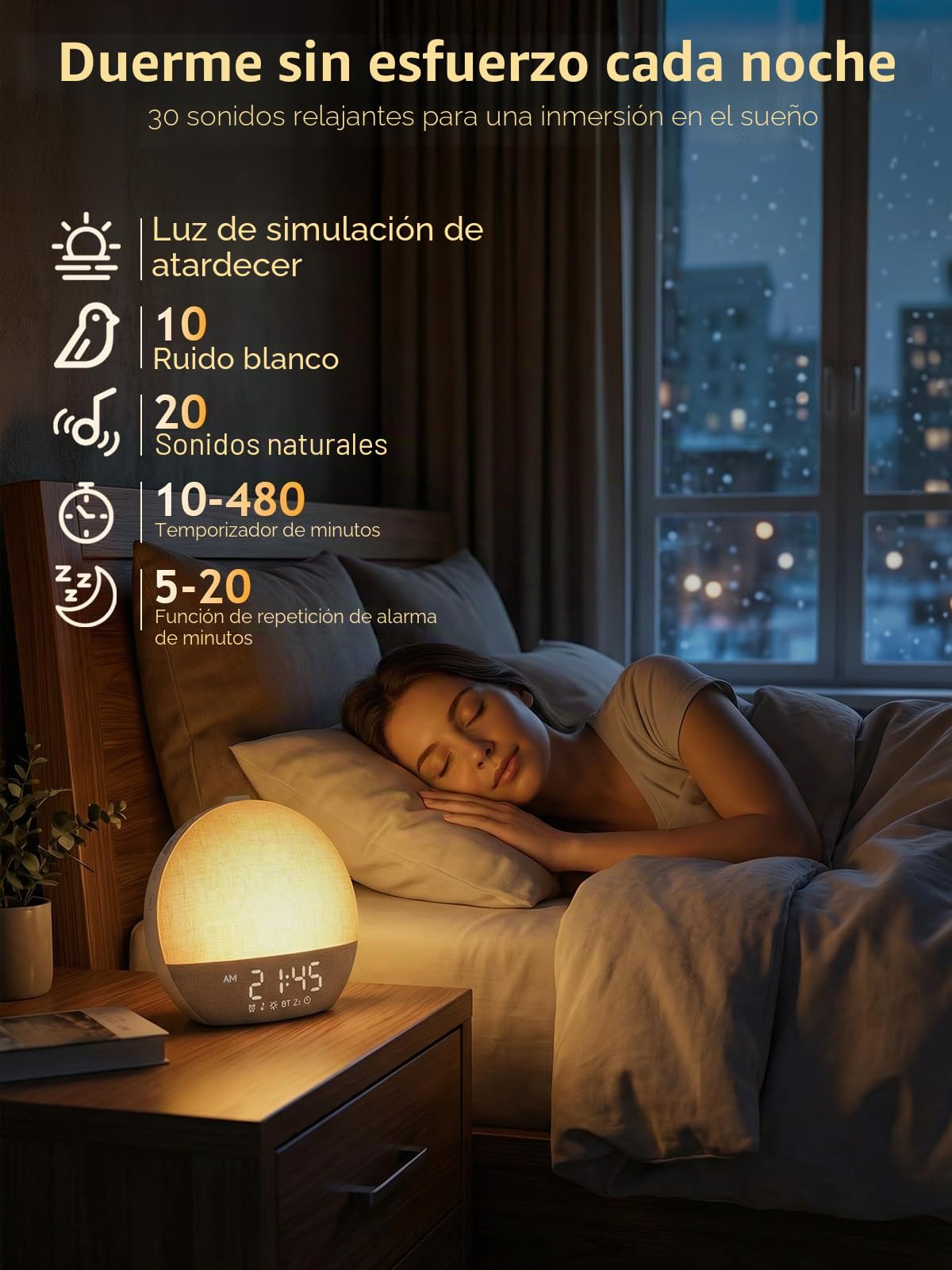 Despertador de Simulación de Amanecer con Luz Natural 17 Tipos de Iluminación, 30 Sonidos Relajantes, Asistencia para el Sueño, Bluetooth y Función de Alarma con Posposición