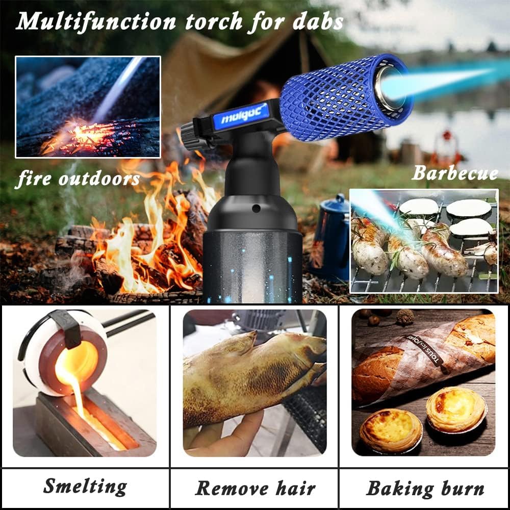 Encendedor de butano azul con cubierta protectora de acero inoxidable antiquemaduras, linterna de gas recargable para cocina, protector de llama ajustable con funda (gas no incluido) (acero