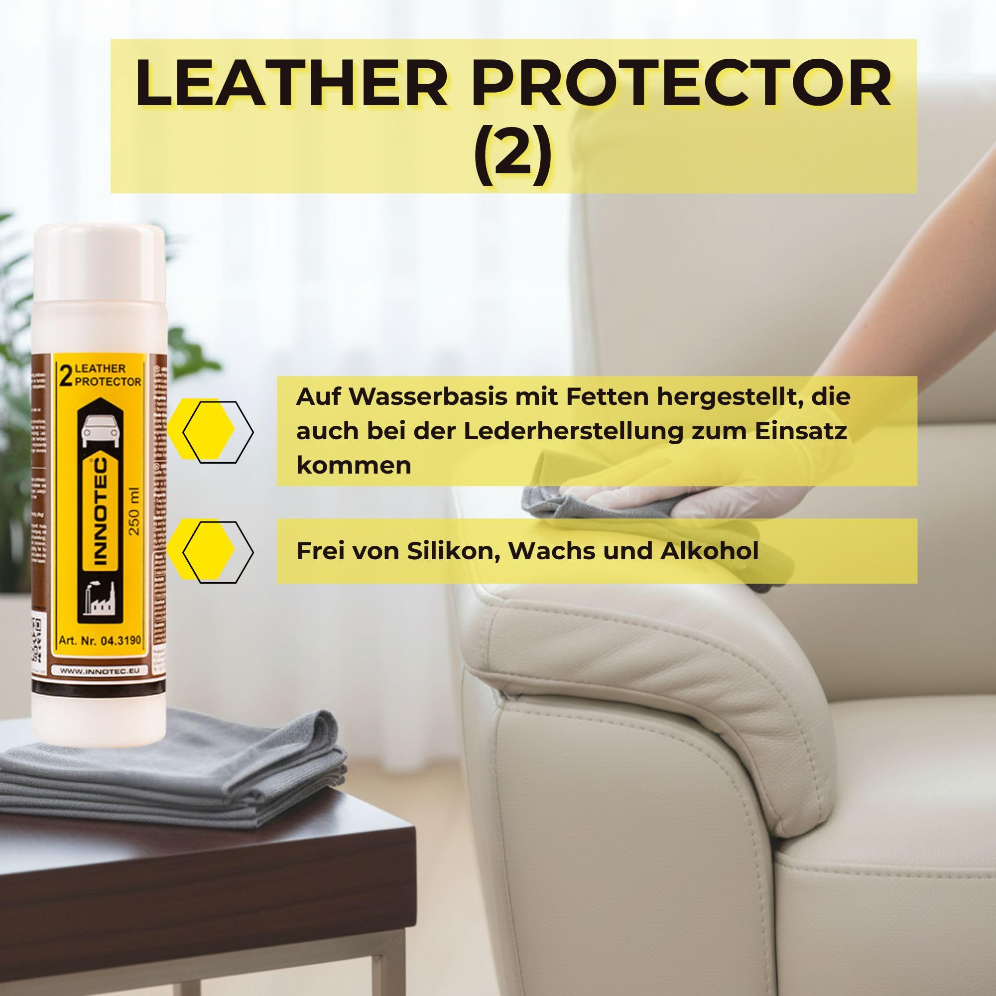 INNOTEC Leather Protector (2) 250 ml – Leder-Schutzspray für Pflege & Schutz unterschiedlichster Leder & lederartiger Flächen wie Fahrzeugsitze, Motorradleder, Möbel & Bekleidung – schützt und pflegt