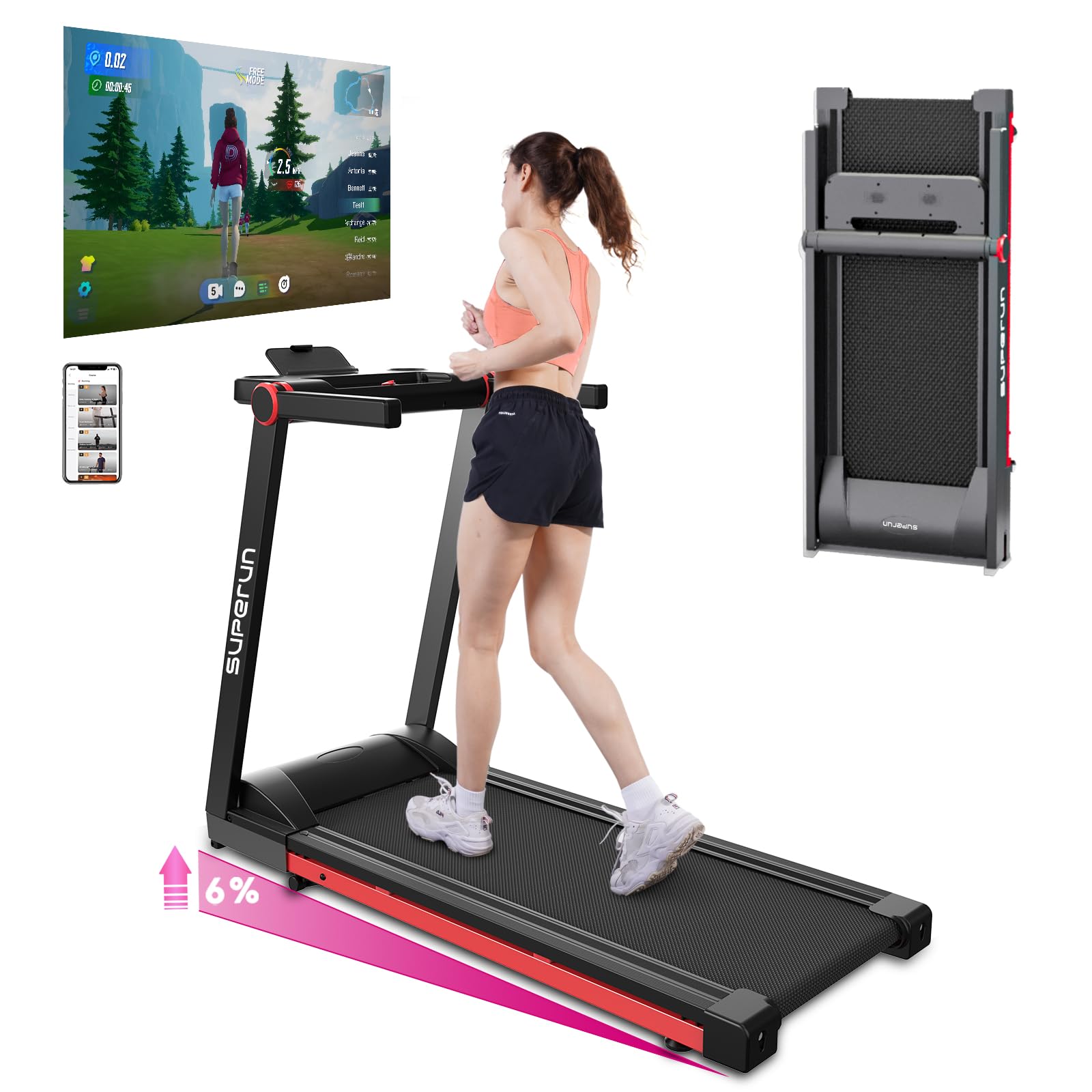 Superun 4 in 1 Walking Pad mit 6% Steigung, 12 km/h Laufband für Zuhause Klappbar mit APP und Fernbedienung, Max 136kg Laufband Schreibtisch mit Multi-Runner-Rennen und Training Courses