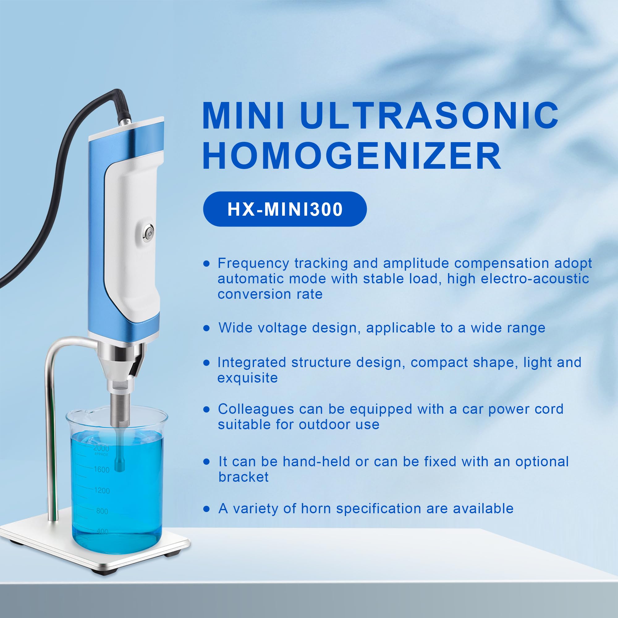 +UXI Handheld Ultrasonic Homogenizer Lab Mini Cell Disruptor Sonicator Ultrasonic Processor Light Weight 7~100W 100~230V with Bracket Carrying Case (0.1-300ml (Diameter 8mm))