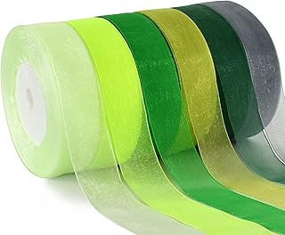 6 Rolls 300 Yards 1" Green Series Sheer Chiffon Ribbon Organza Ribbon for Valentine's Day Gift Wrapping Wedding Birthday P...