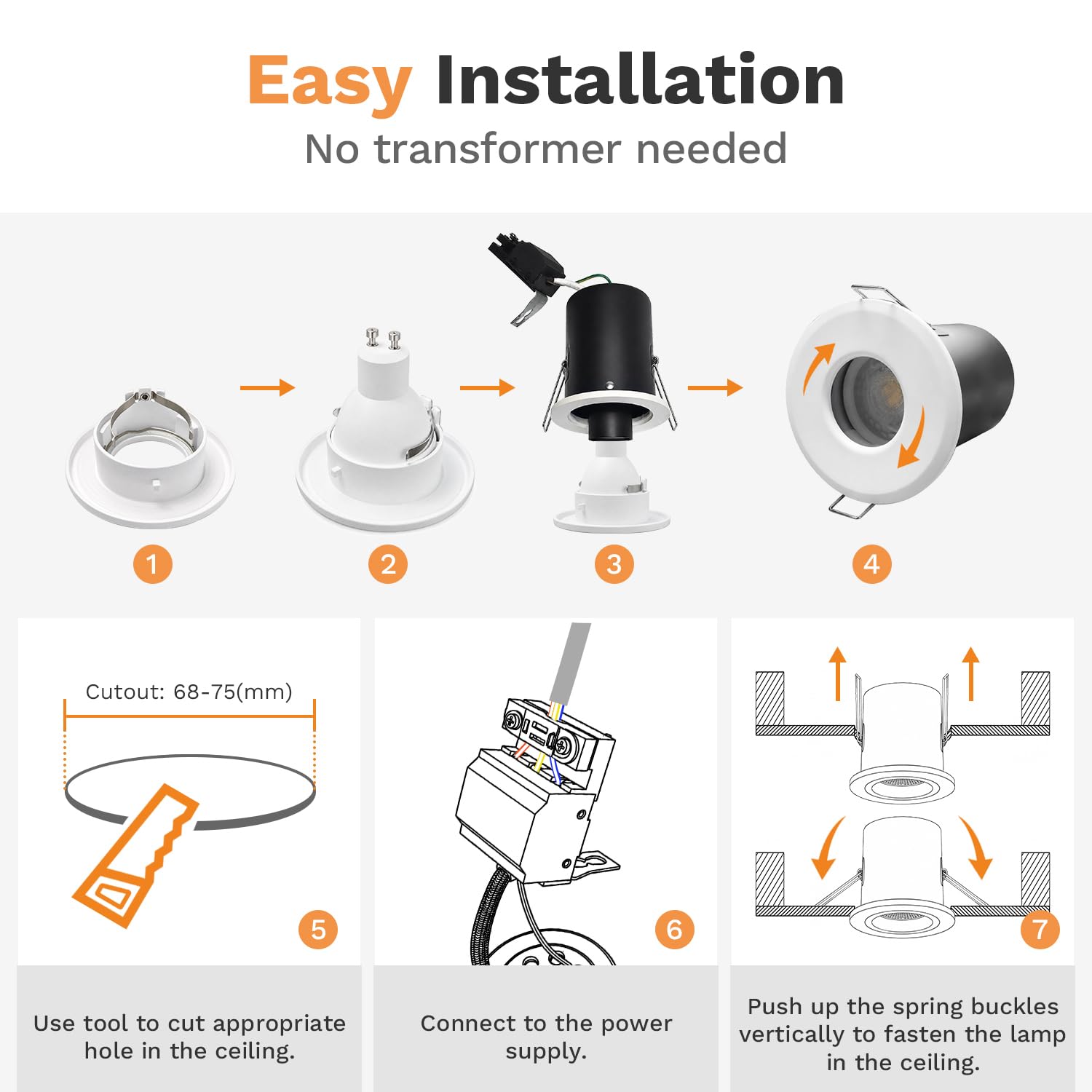 4XSweier Downlights GU10 blancs ignifugés, IP65 étanche 5W Spot blanc chaud 3000k,90 minutes Plafonniers encastrés à LED résistants au feu, Downlights GU10 230V, Découpe 70mm