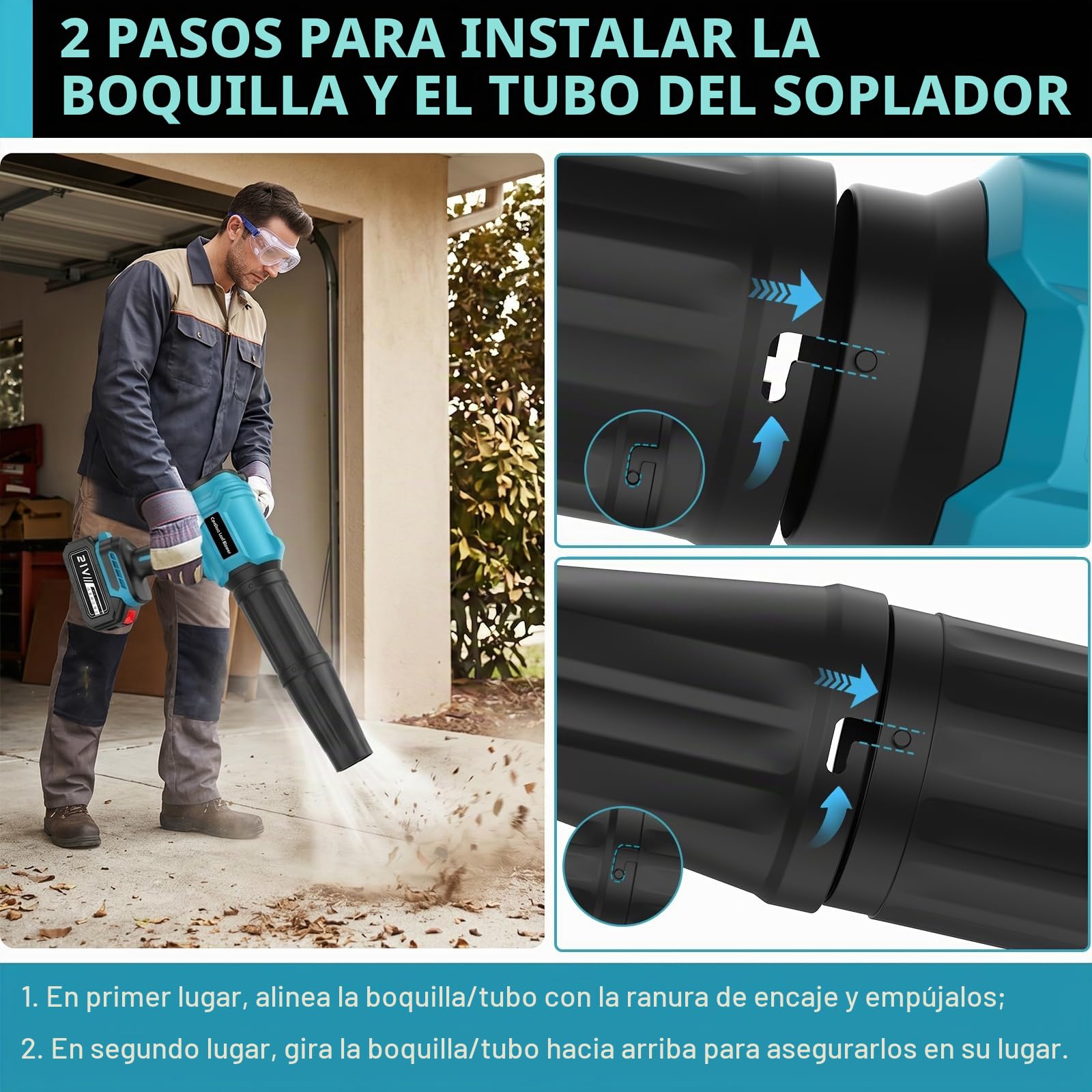 Soplador de Hojas con 2 Batería 4,0Ah, 21V Soplador Batería 800,000 RPM, 65 m/s, Velocidad Regulable, 2 Boquillas y Diseño Ligero para Jardín, Terraza, Patio y Coche (Azul)