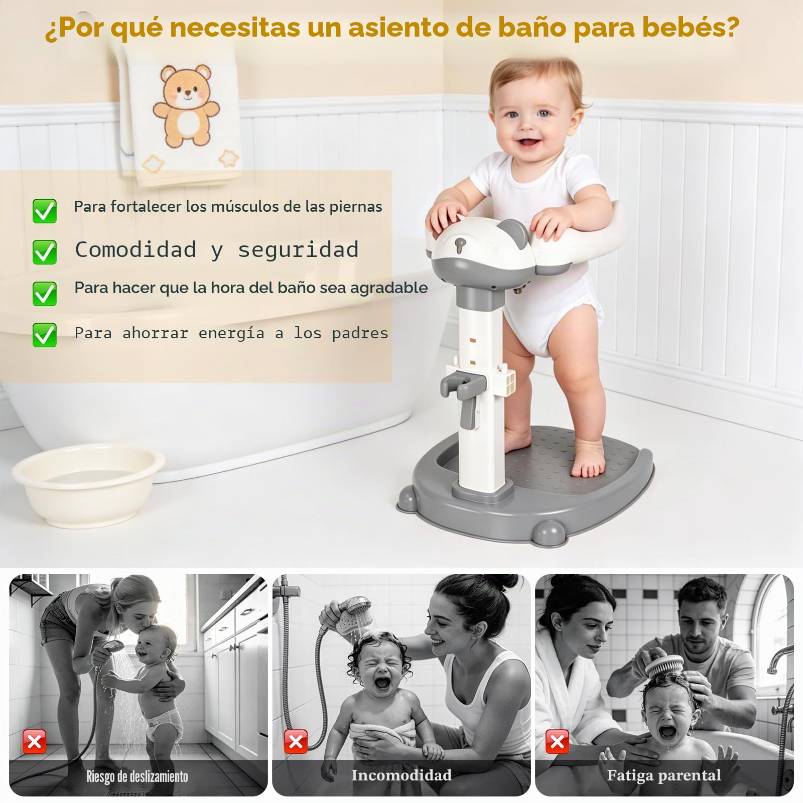 Soporte de Bañera para Bebé, Torre de Bañera Ajustable para Bebé que se Pone de Pie, Asiento de Bañera para Bebé desde hasta Niño Pequeño (8-36 Meses) para Bañarse y Cambiar Pañales (Gris)