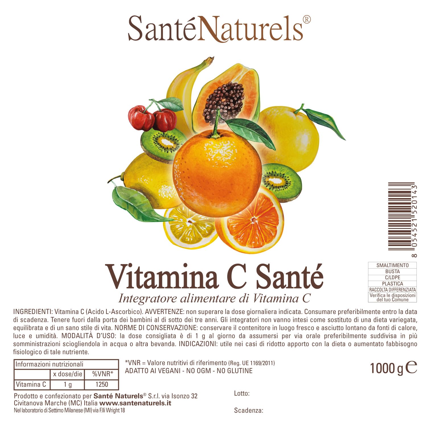 Acido Ascorbico 1kg ● Vitamina C in Polvere Pura Fine e Idrosolubile ● Integratore Alimentare Naturale ● No Ogm, No Lattosio, No Glutine ● Adatto ai Vegani