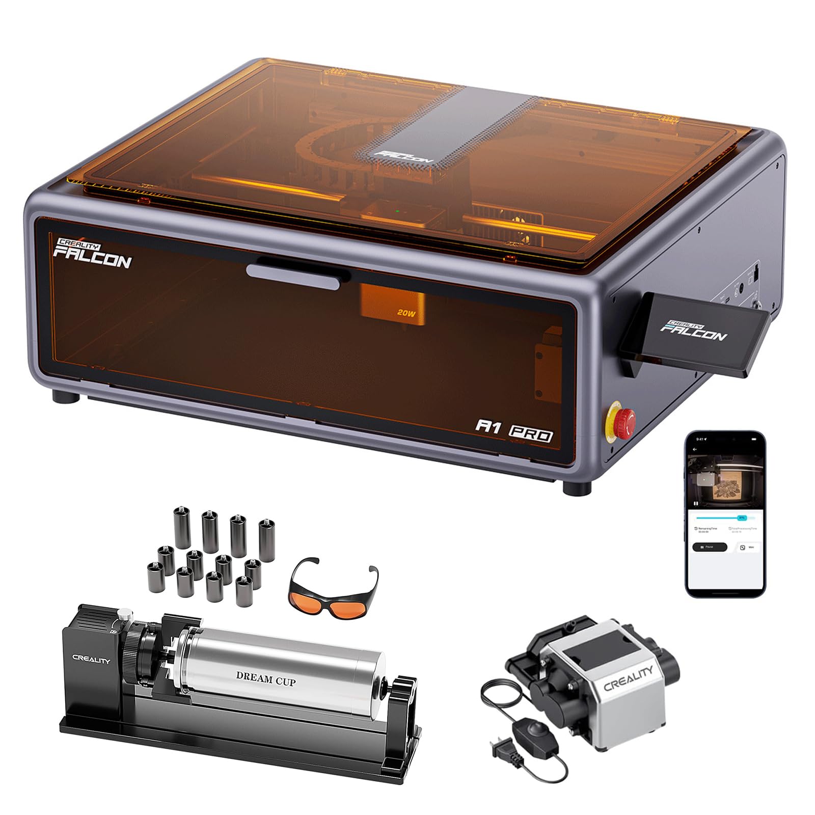 Creality Falcon A1 Pro 20W Lasergravierer mit Rotationswalzen Pro, Geschlossen Laser Graviermaschine und Schneider mit Intelligenter Kamera, Touchscreen, Präziser Autofokus, App Steuerung