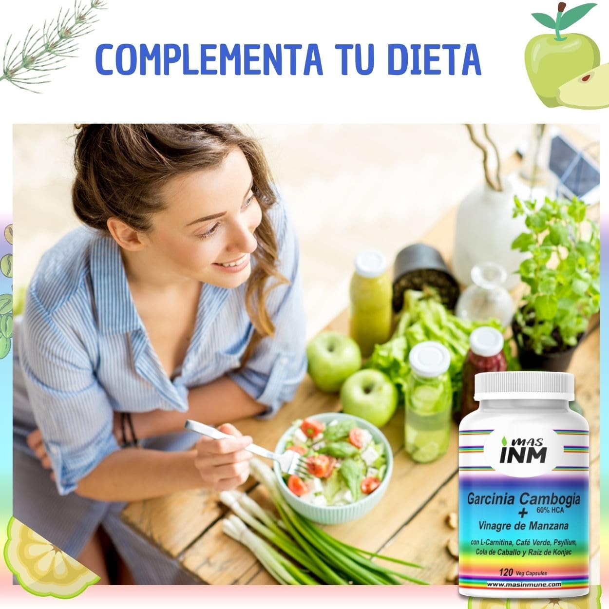 Garcinia Cambogia 60% HCA - Quemagrasas Natural con Vinagre de Manzana - L-Carnitina – Glucomanano - Suplemento para Pérdida de Peso – Efecto Termogénico Fat Burner - 120 Cápsulas – Masinmune.