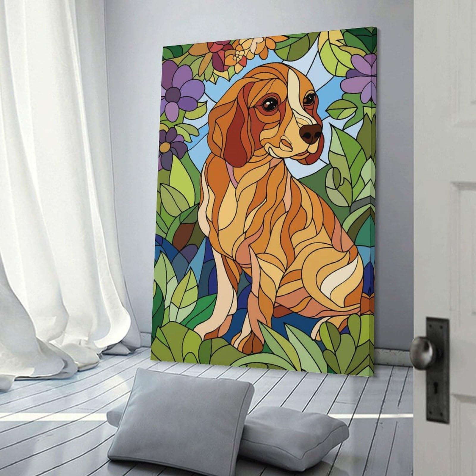 Junmoney Frame-Style-5-2 Canvas Art Print Stained Glass Dog In Floral Surroundings, 16X24inch(40X60cm), For Office, Study Or Home Workspace, Home Office Artwork With Decorative Appeal