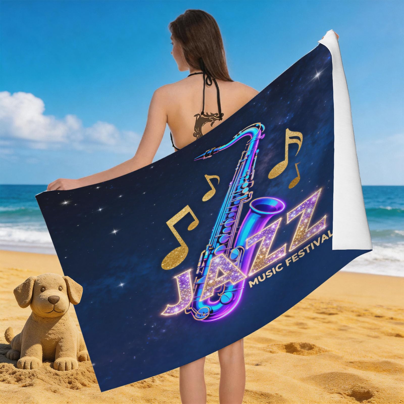 Leichong 3D Saxophone Beach Towel Microfiber Soft Quick Dry for Adults, Neon Bath Towel Lightweight Soft Absorbent for Travel Swimming Pool Sports, 75 x 150 cm