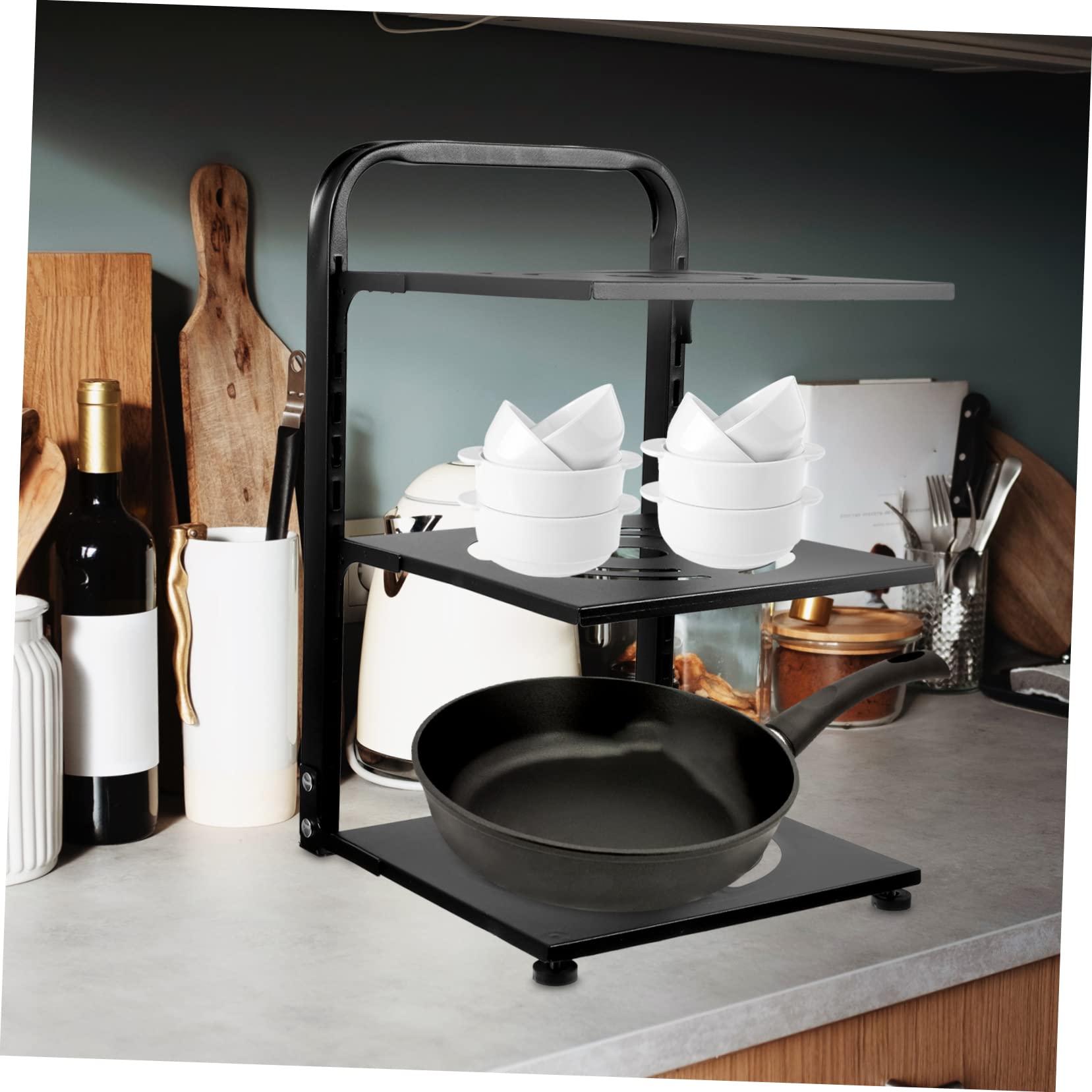 Estante Ajustable para Organización de Sartenes y Ollas de 3 Niveles Negro de Acero al Carbono en Encimera o Gabinete de Cocina
