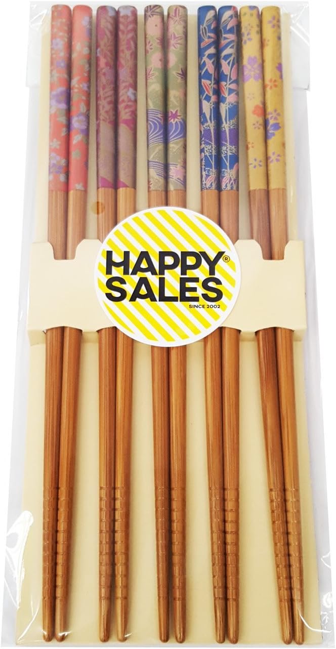 Happy Sales HSCH100/S, 5 Pairs Japanese Chopsticks Flower & Leaves Design