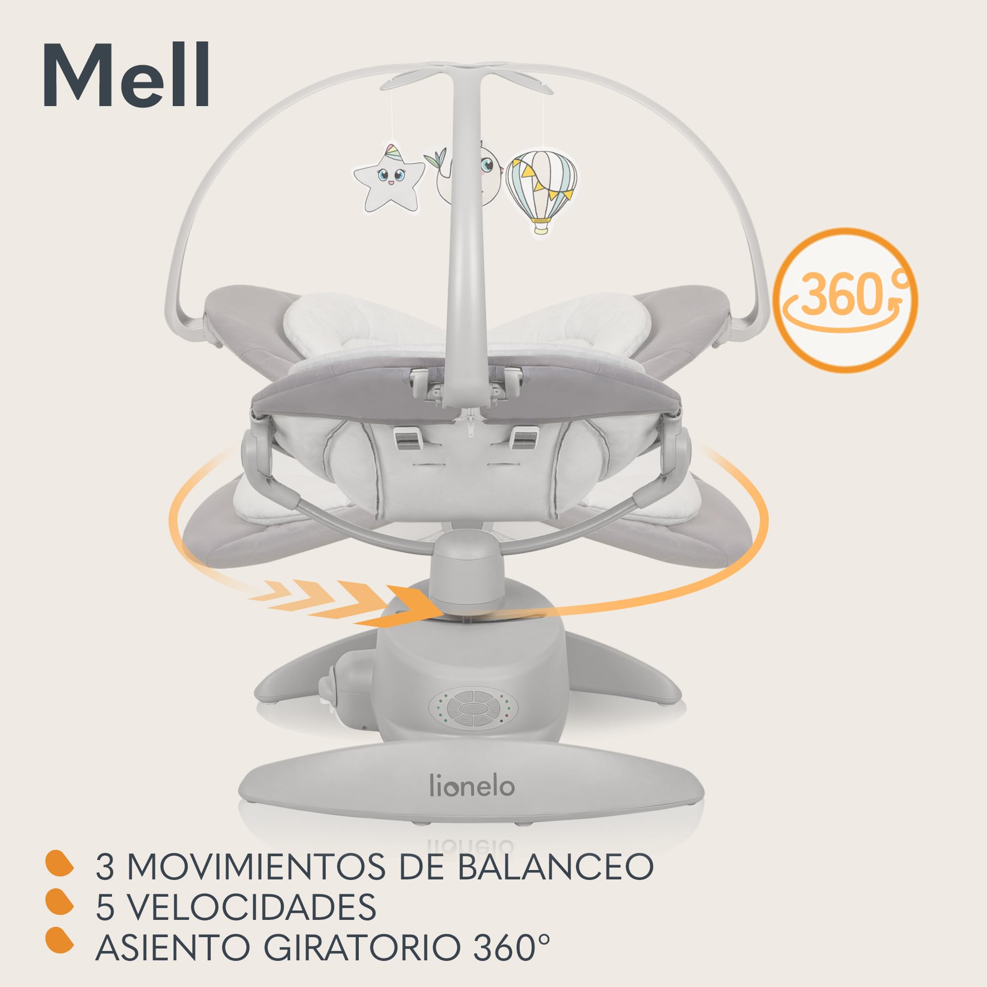 lionelo MELL Mecedora para Bebés 360° Ajustable con 5 Velocidades, Seguridad con Arnés 5 Puntos, 12 Melodías, Bluetooth, Hamaca Ergonómica con Almohada de Bambú, Silla Silenciosa y Lavable (Grey)