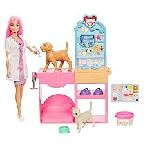 Barbie – Clinica Veterinaria di Pronto Soccorso, set con bambola dai capelli rosa, arredamento, pasta modellabile e 10 accessori a tema inclusi, giocattolo per bambini, 4+ anni, JFX93