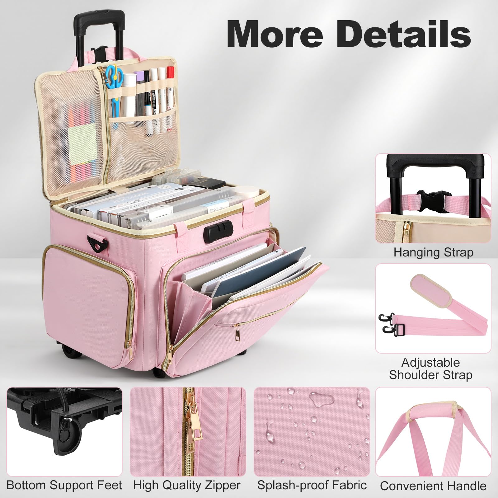Housolution Bolsa para Maestros con Ruedas, Tote con Carro Desmontable, Estuche Portátil con Ruedas para Trabajo, Maletín con Organizador de Archivos Acordeón, Compatible con Laptop de 15,6", Rosa
