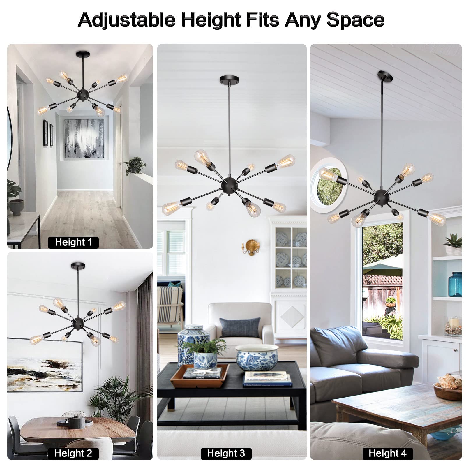 ETONIMERR Sputnik Chandelier Light Fixture 8 Lights Modern Semi Flush Mount Ceiling Lighting Fixtures Height Adjustable Mid Century Chandelier for Dining Room Living Room Bedroom (Black)