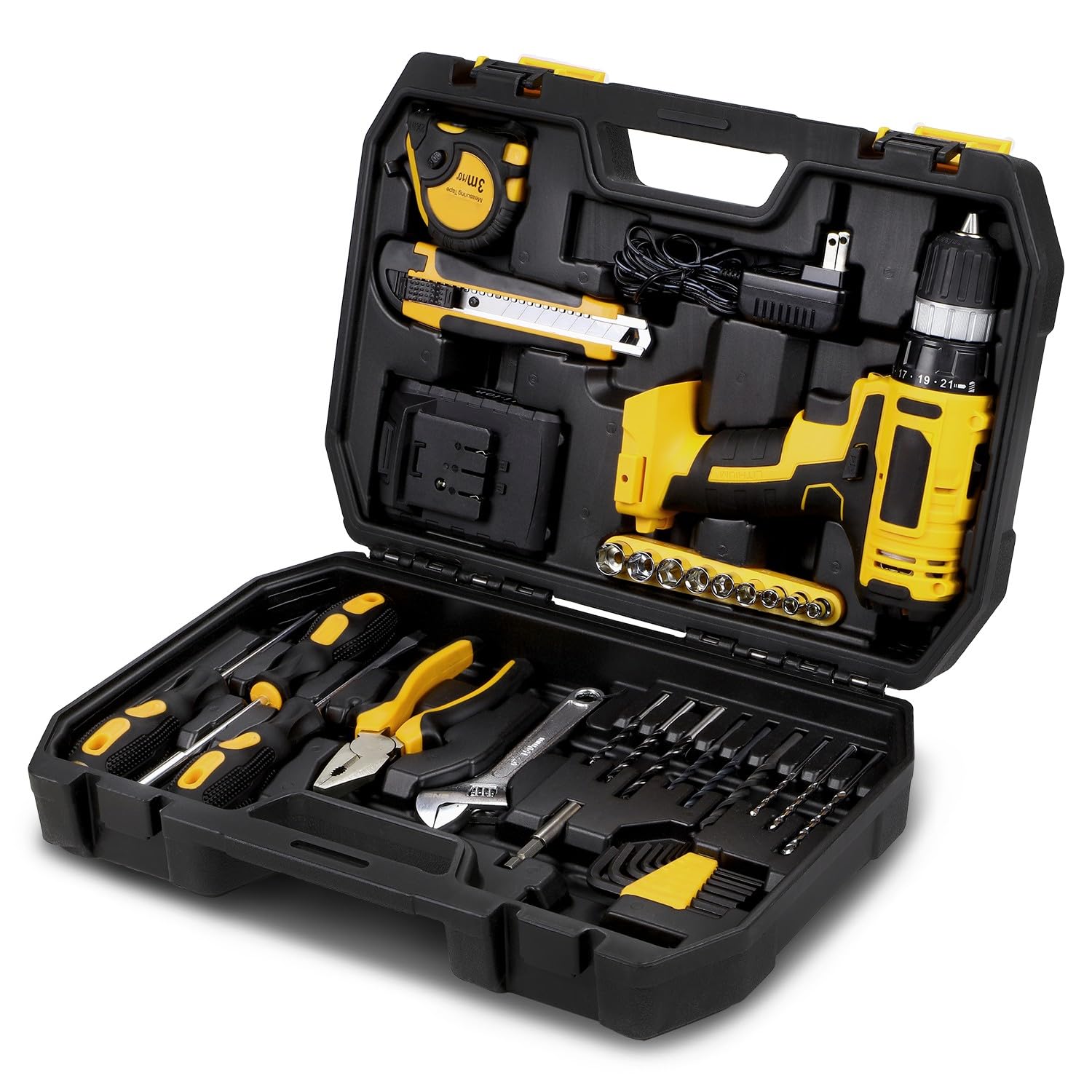 Auto Dynasty 46 Pcs Cordless Drill Portable Hand Repair Kit 12V 1300mAh Lithium Power Tool Kit Set for DIY Household Office Warehouse With Charger, Yellow