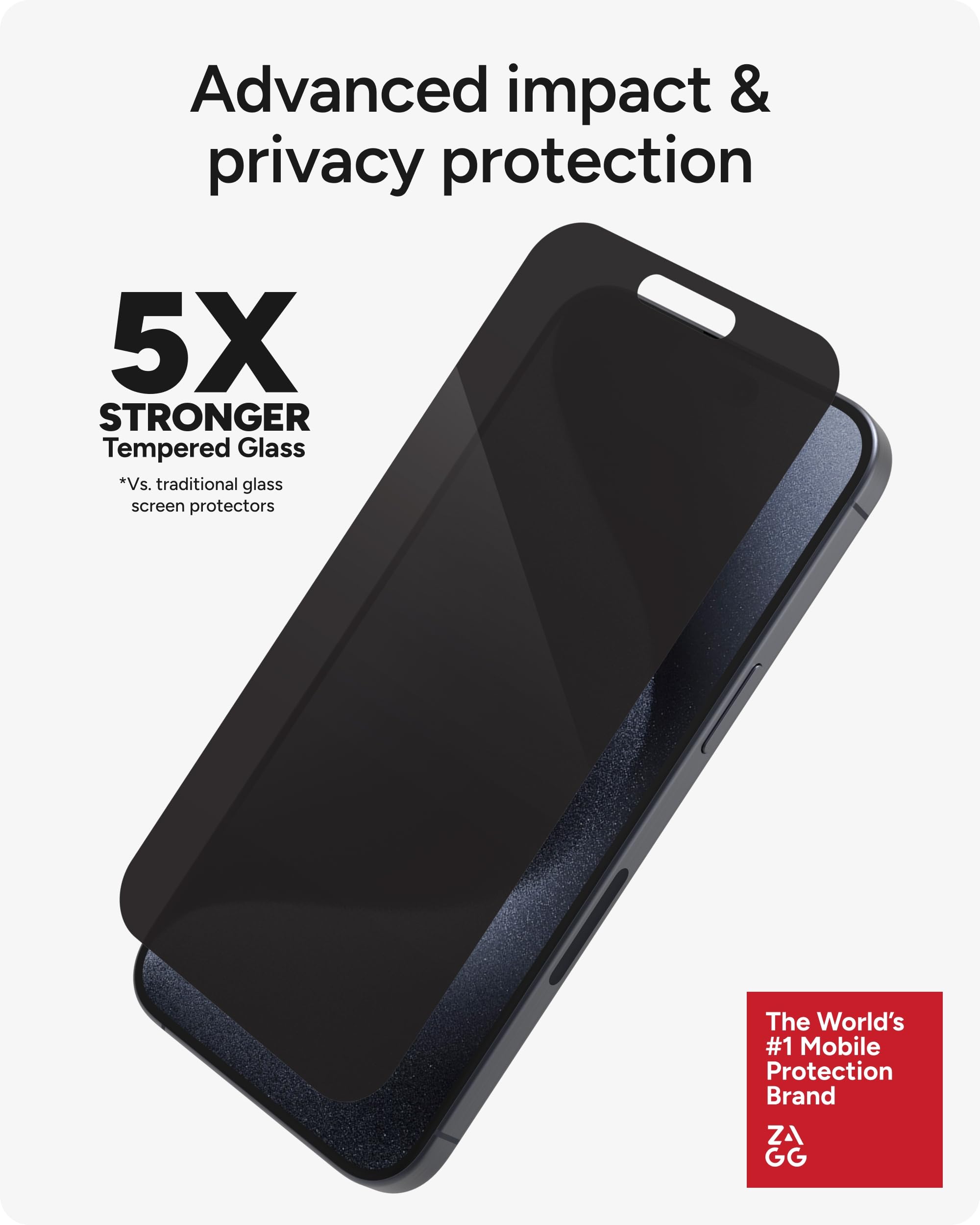 ZAGG InvisibleShield Glass Elite Privacy - Protector de pantalla para iPhone 15 Pro Max, 5 veces más fuerte con bordes reforzados, filtro de privacidad de 2 vías, superficie resistente a arañazos y