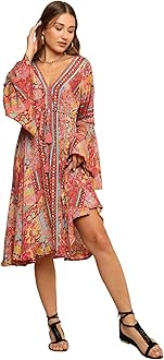 KE KANHA EXPORTS Dress for Woman|Boho Dresses for Women|Beach Wear|Border Print|Adjustable Tassel at Waist|Vacation Boho Casual|Multicolor|Easily fits S-M-L|Bust 32-38 in|Length 40 in