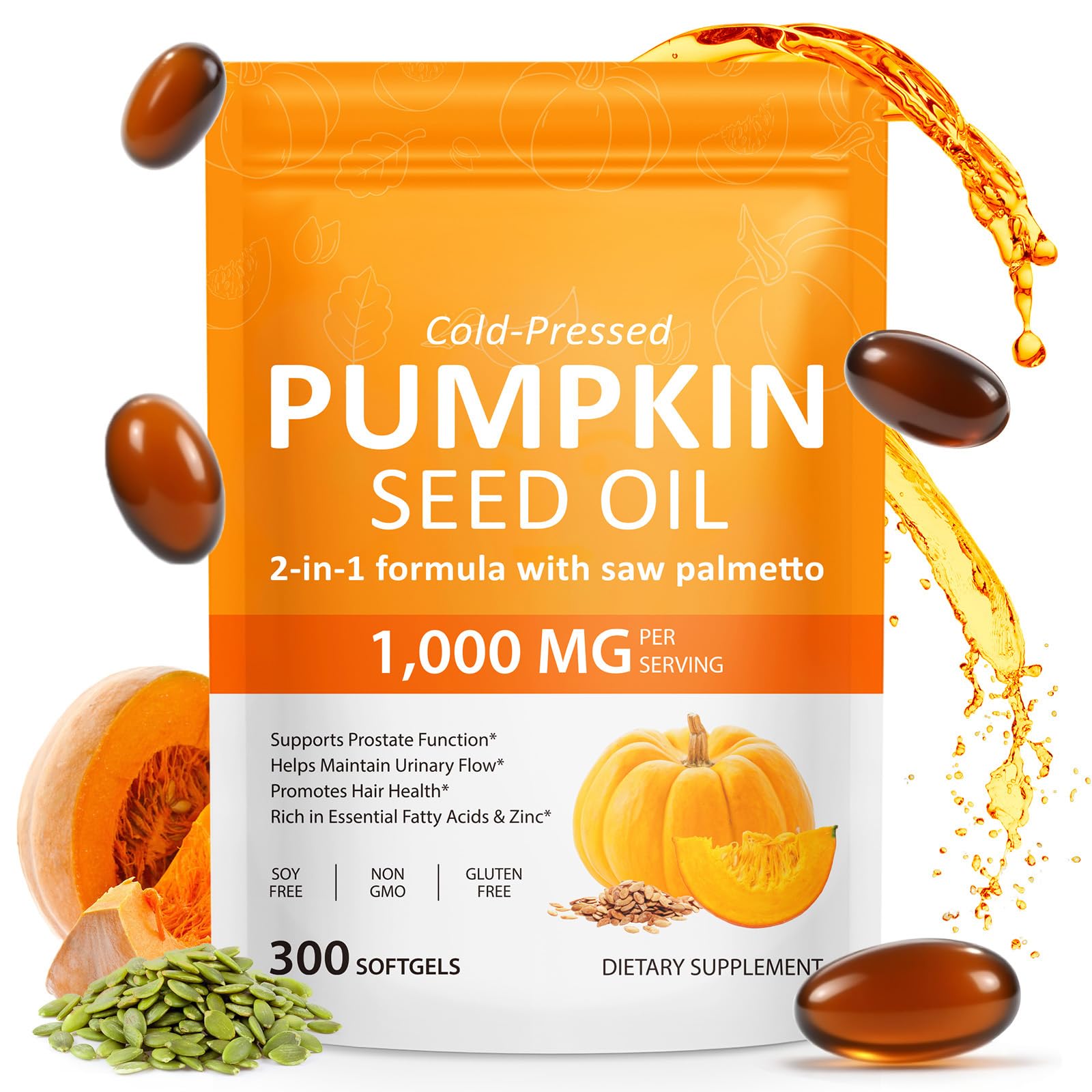 Pumpkin Seed Oil Capsules,2 in 1 Pumpkin Seed Oil with Saw Palmetto, Supplements Supports Hair Growth, Bladder & Prostate Health | Non-GMO