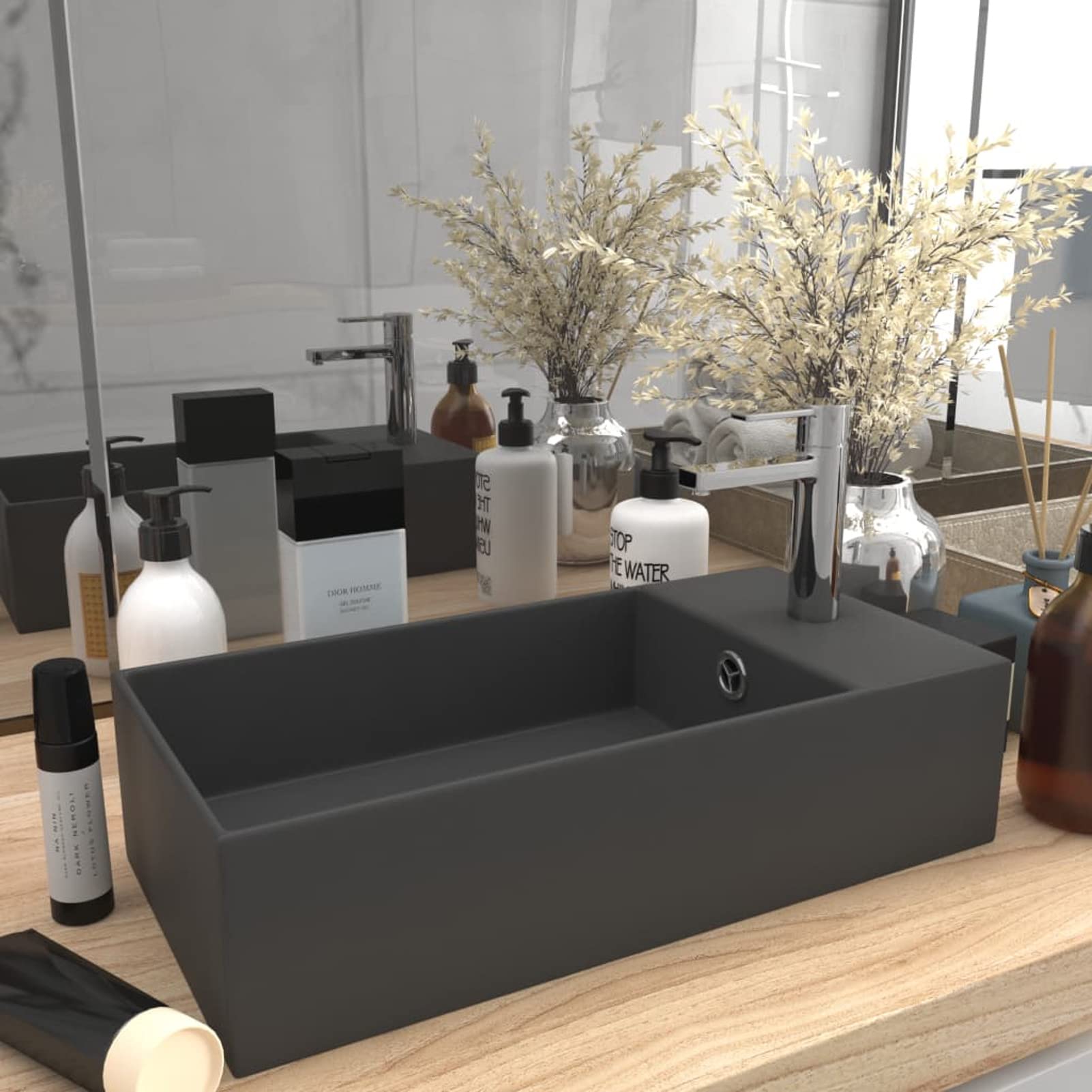ShGaxin Lavabo con rebosadero cerámica Gris Oscuro, Fregadero, Lavabo Baño, Lavamanos Baño, Lavatorio Casa De Banho, Mueble Lavabo sobre Encimera