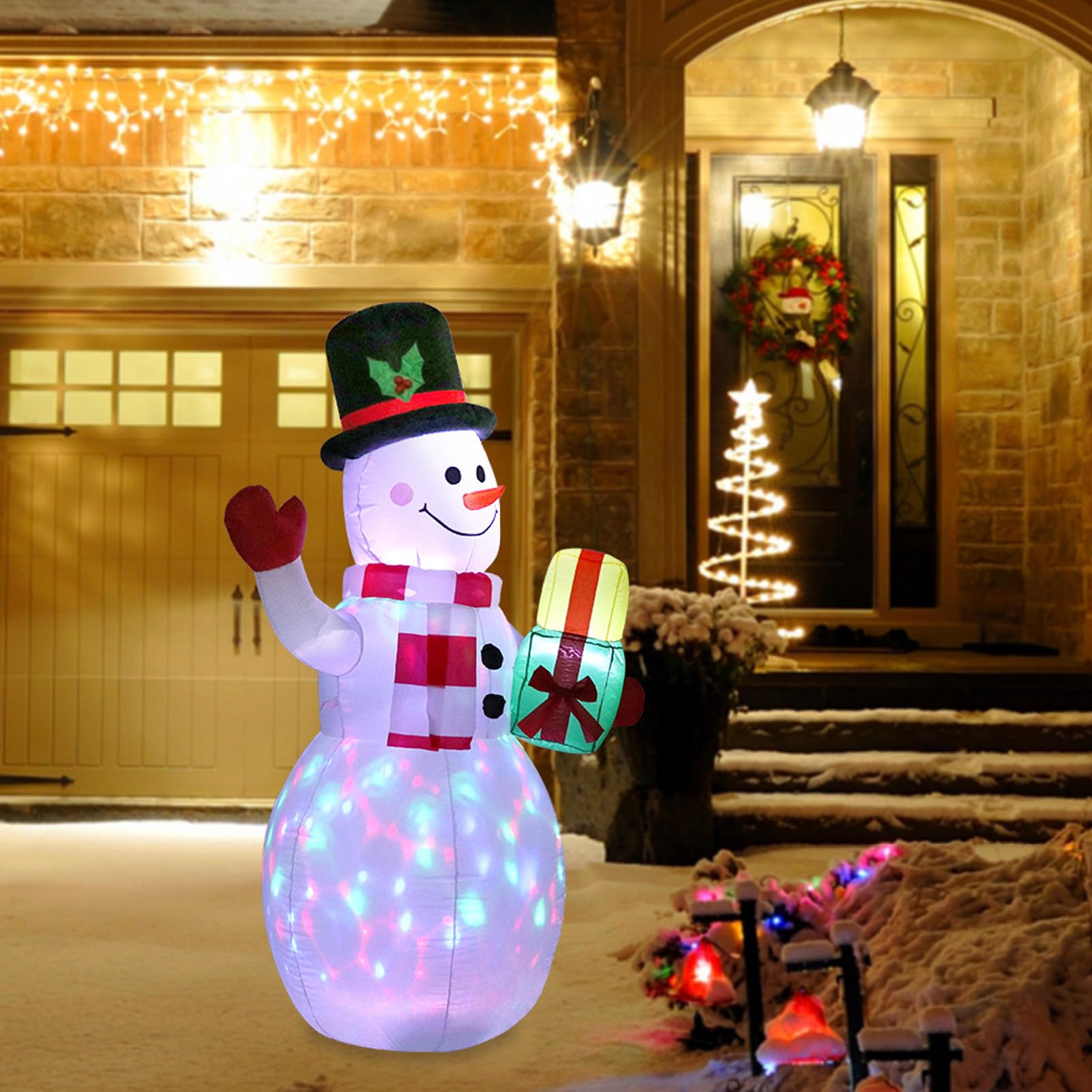 Jiawu Lighted Inflatable Snowman Christmas Decoration, 5FT Automatic Blow Up Inflatable Christmas Snowman Decoration with Colorful Light for Indoor Outdoor Christmas Holiday (GB Plug)