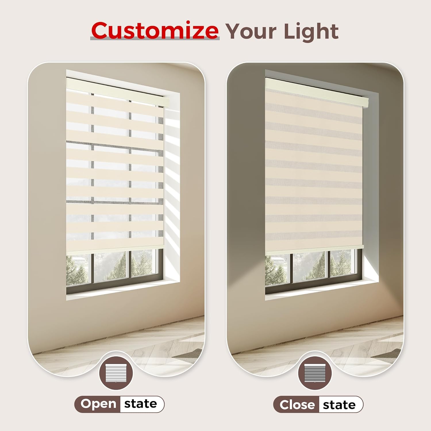Allesin zen Cordless Zebra Blinds 36" W x 48" H Beige, Dual Layer Day and Night Shades, Room Darkening Blackout & UV Protection, Child & Pet Safe, Easy Install, Home Office Window Treatment
