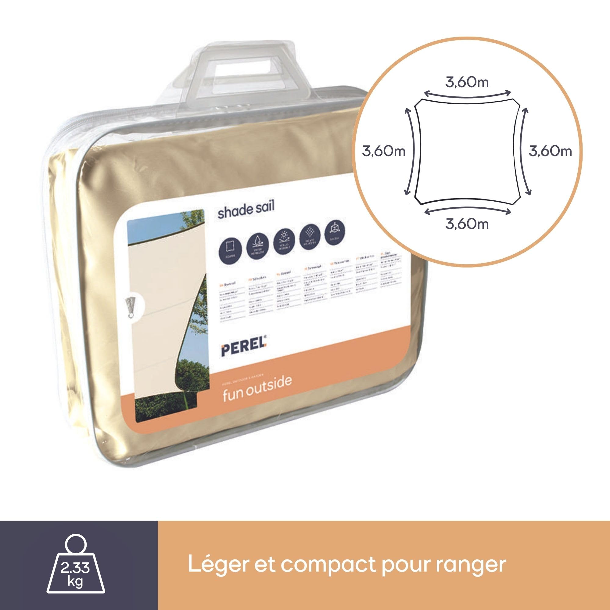 Perel Voile d’ombrage 3.6 x 3.6 m, Carree pour Jardin et terrasse, Polyester deperlant 160 g/m2, Protection UV 90%, Toile Respirante avec Anneaux en Acier Inoxydable, Creme