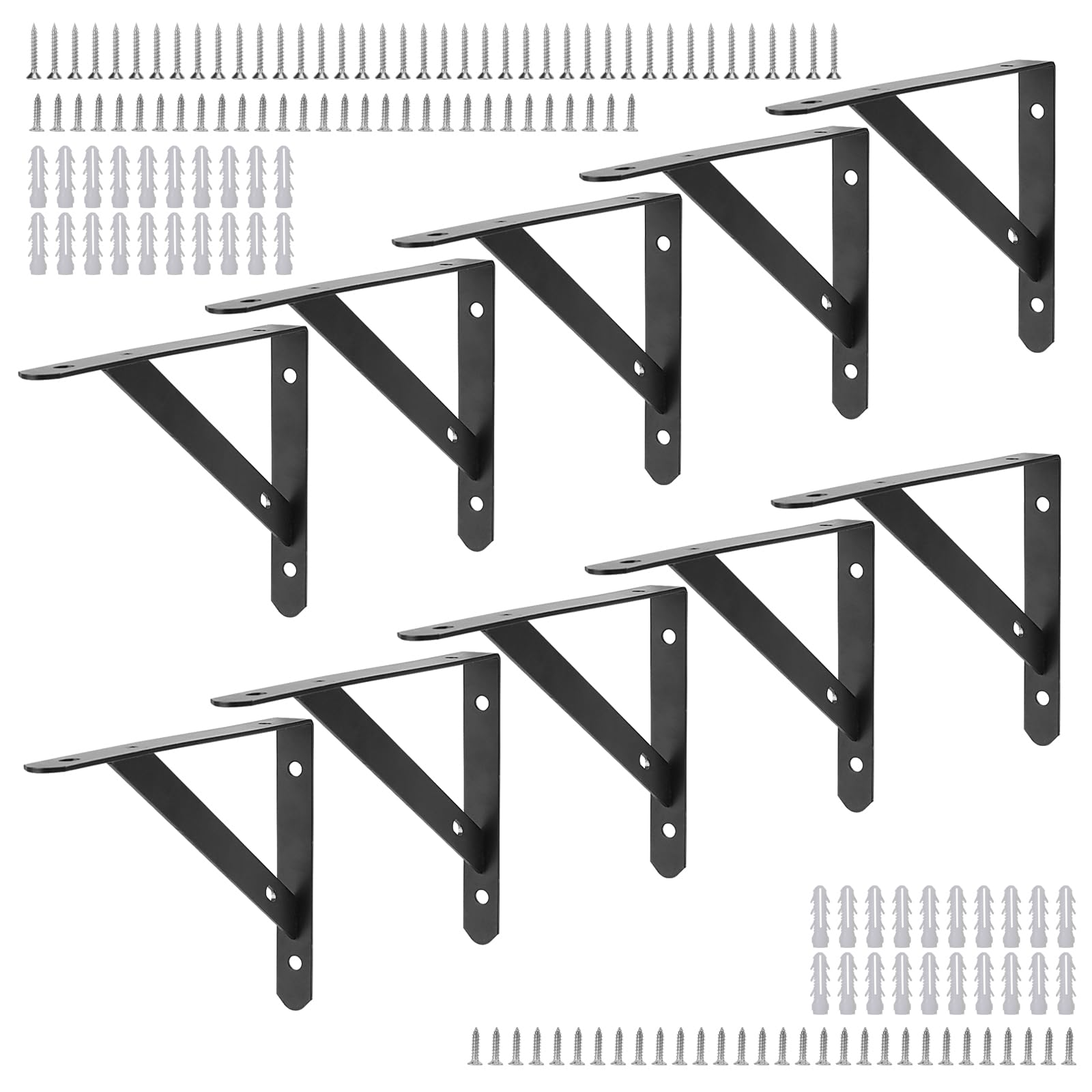 Japchet Black 10 Pcs 8 Inch Shelf Bracket, Triangle Shelf Support Bracket With Screws For Bookshelf, Cupboard