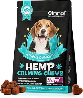 Calming Dog Treats for Anxiety - Calming Hemp Treats for Dog - Dog Anxiety Relief with Hemp Oil - Natural Stress Relief During Firework, Storm, Separation, Barking - Chewing Treats - 60 Count