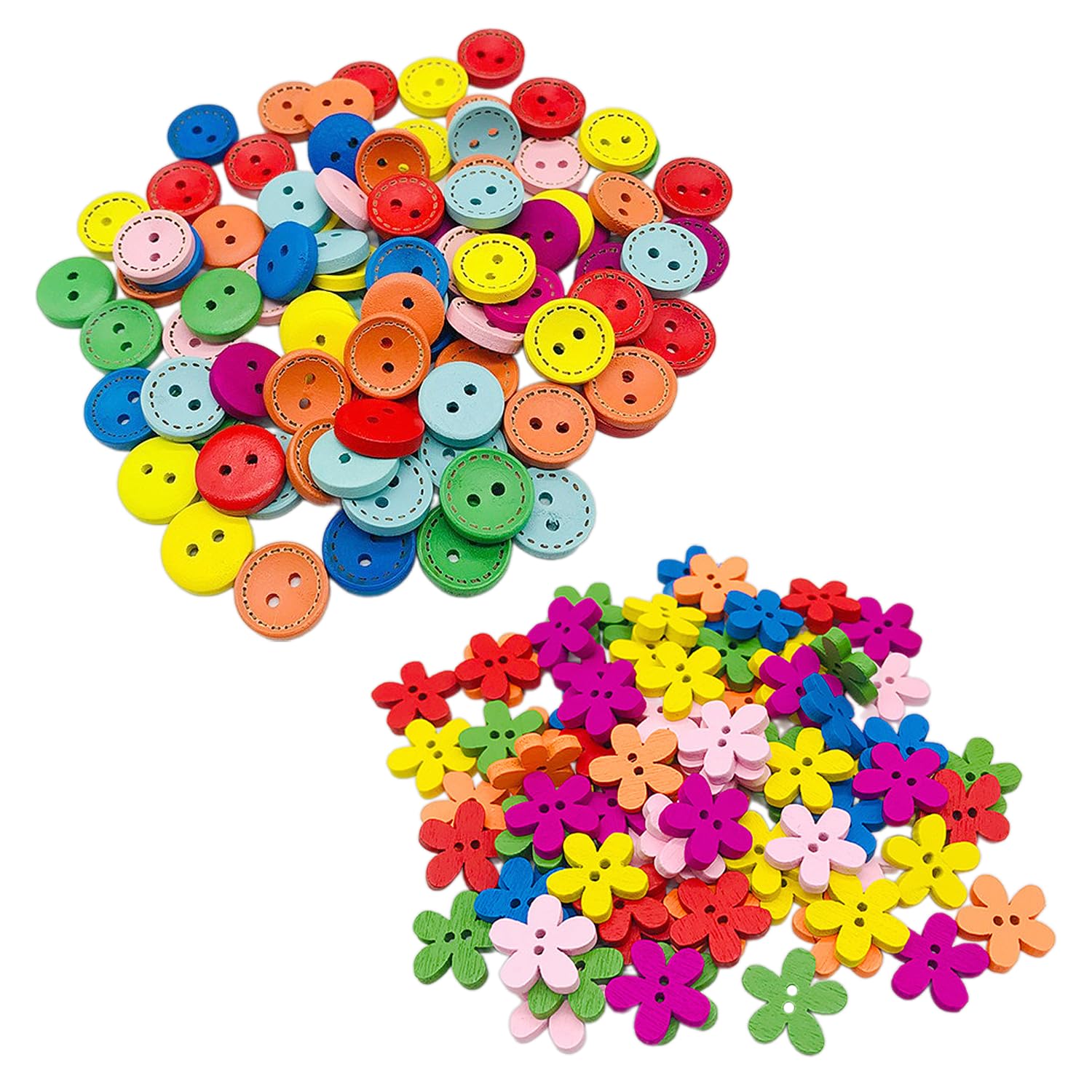 Bottoni Bambini Legno 100 Pezzi 10 Disegni Bottoni Rotondi 2 Fori Bottoni Decorativi per Cucito Fai da Te Artigianato Decorare Scrapbooking, 15 mm