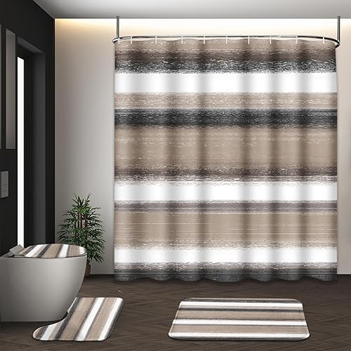 Miniatura 14 de Juego de cortina de ducha abstracta turquesa con tapa de inodoro y alfombras antideslizantes para baño, arte de pintura moderna, cortina de ducha de