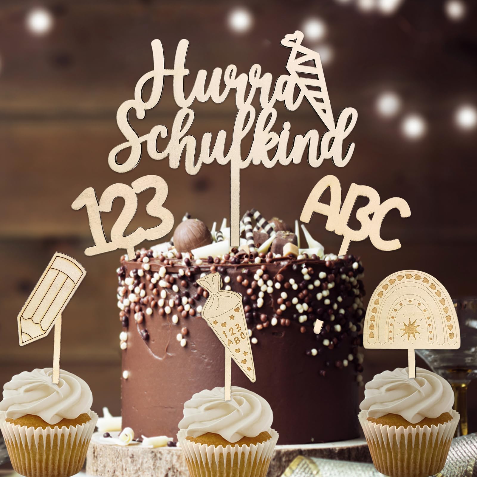 Tortendeko Einschulung, 6 STK Cake Topper Hurra Schulkind Holz Kuchendeko Schulanfang, Zuckertüte ABC 123 Kuchen Deko Schulkind 2023 Mädchen Junge Einschulung Geschenk
