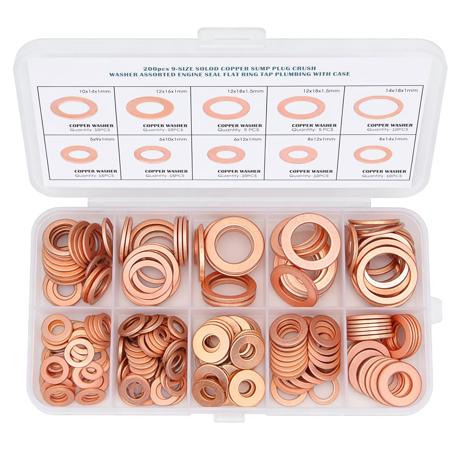 100Pcs Copper Washers Assortment Kit, 9 Sizes Metric Flat Sealing Washers with Storage Box - M5, M6, M8, M10, M12, M14 - Sump Plug Gasket & Crush Washers