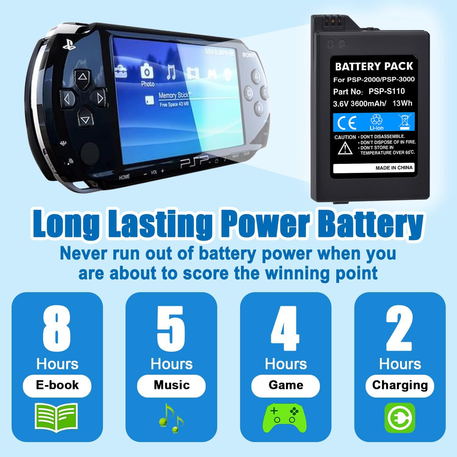 Adatto per Sony PSP2000 3000 Host PSP-S110 3600 mAh 3,6 V con capacità sufficiente