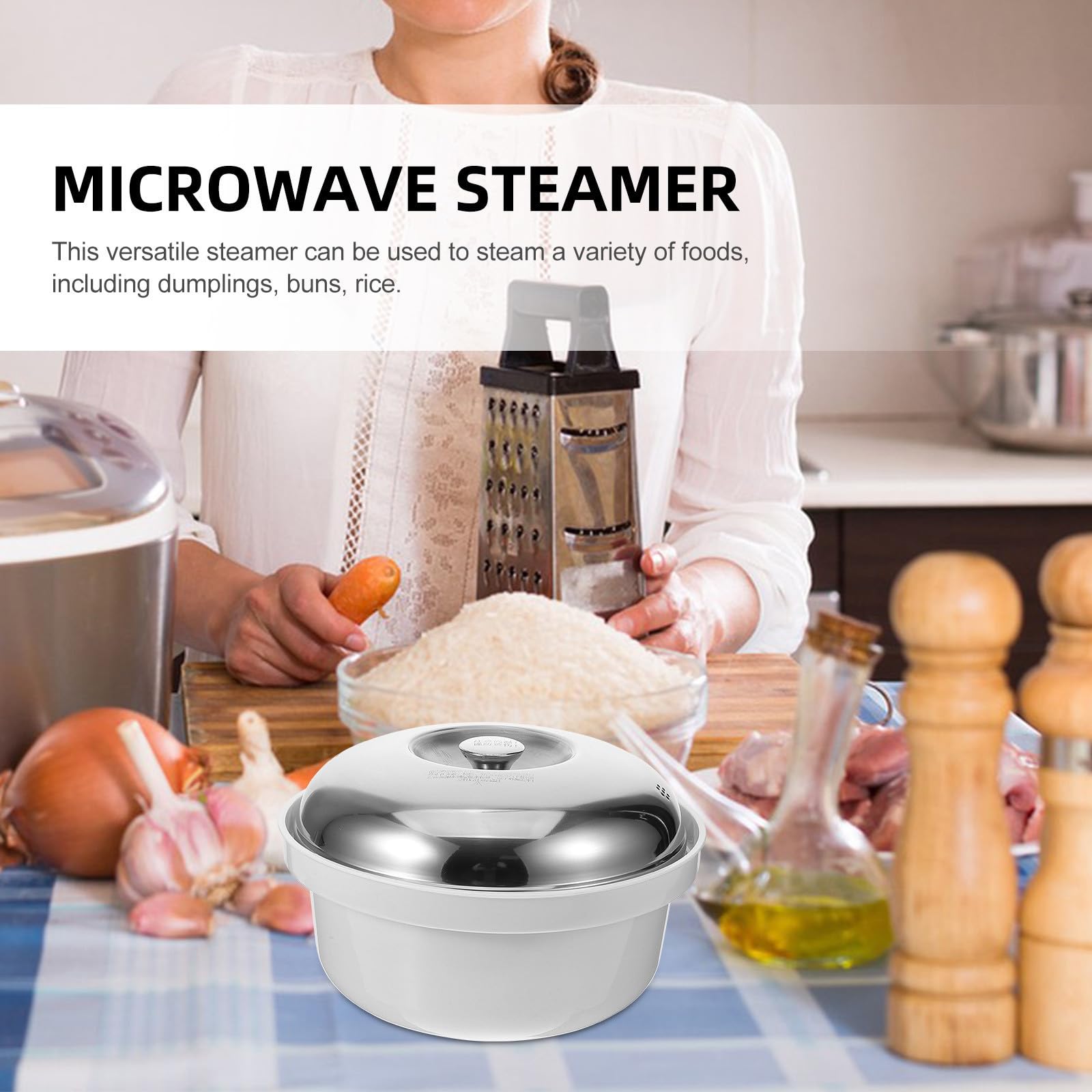 SOLUSTRE Vaporera Tapa Práctica de Plástico y Acero Inoxidable para Microondas Segura para Cocinar Arroz y Bollos al Vapor, Fácil de Limpiar para Cocina Diaria
