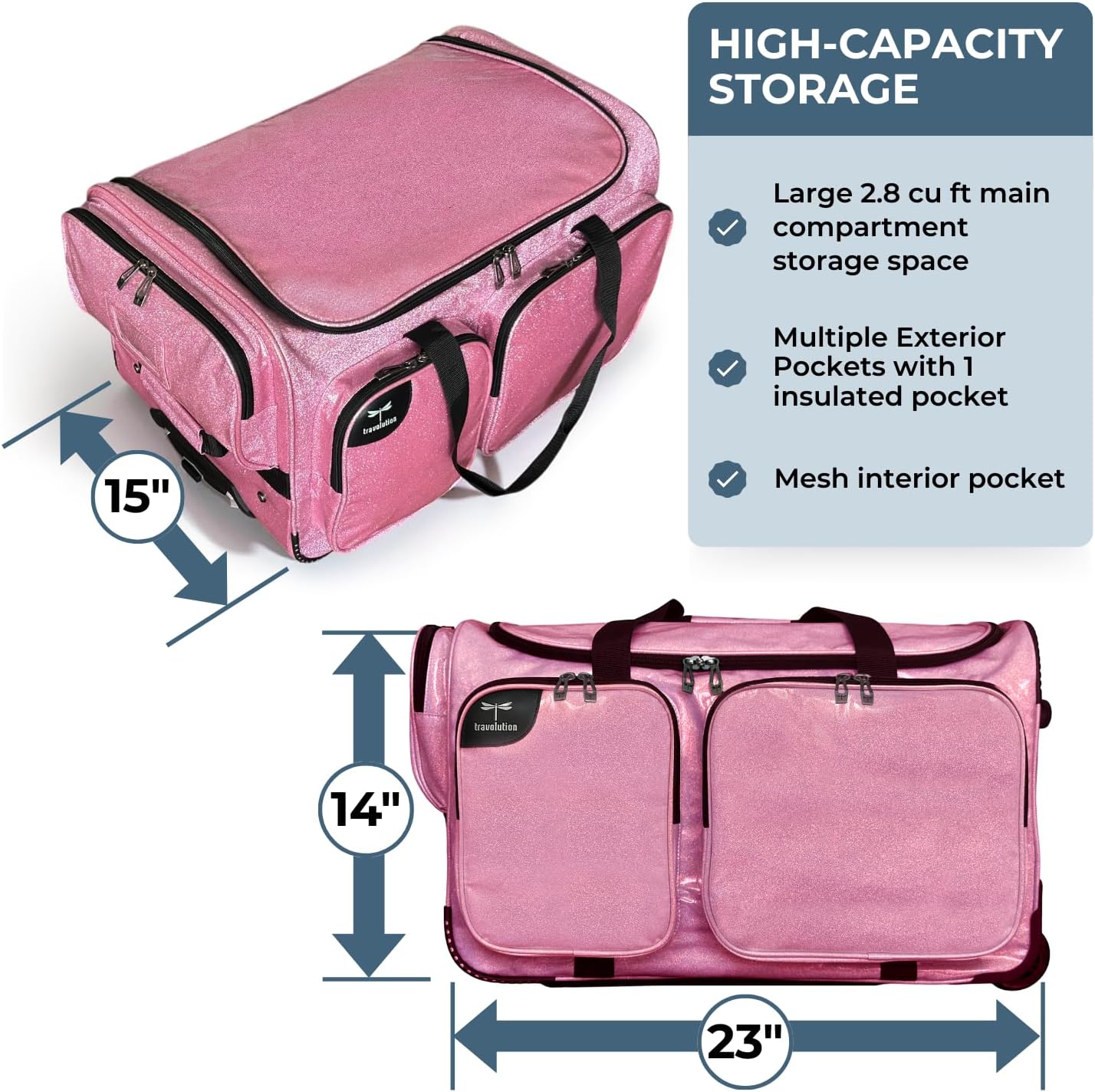 Travolution NEW Glittering Dance Bag with Garment Rack, 23 Inch Rolling Duffel With Wheels, Ideal for Competitions & Travel, Easy-assembly Lightweight Aluminum Clothes Rack (Glitter Pink)