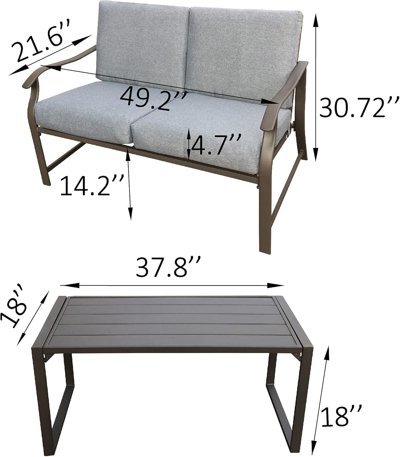 HomVent Outdoor Patio Furniture Love Seat and Coffee Table Set, Outdoor Bench Patio Loveseat Bench with Cushion and Metal Frame, Loveseat Furniture Set Sofa for Garden, Yard, Patio or Poolside (Gray)