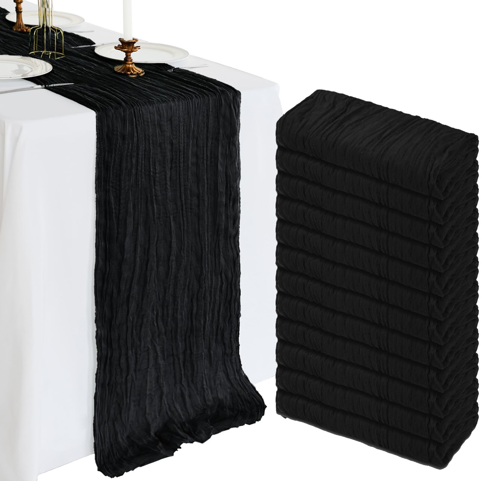 Paquete de 12 Caminos de Mesa de Gasa Negra de 10 pies de Largo, Gasa rústica, Bohemia, Primavera, Queso, decoración de Tela Transparente para Fiestas, Bodas, Banquetes, Despedidas de Soltera, Baby