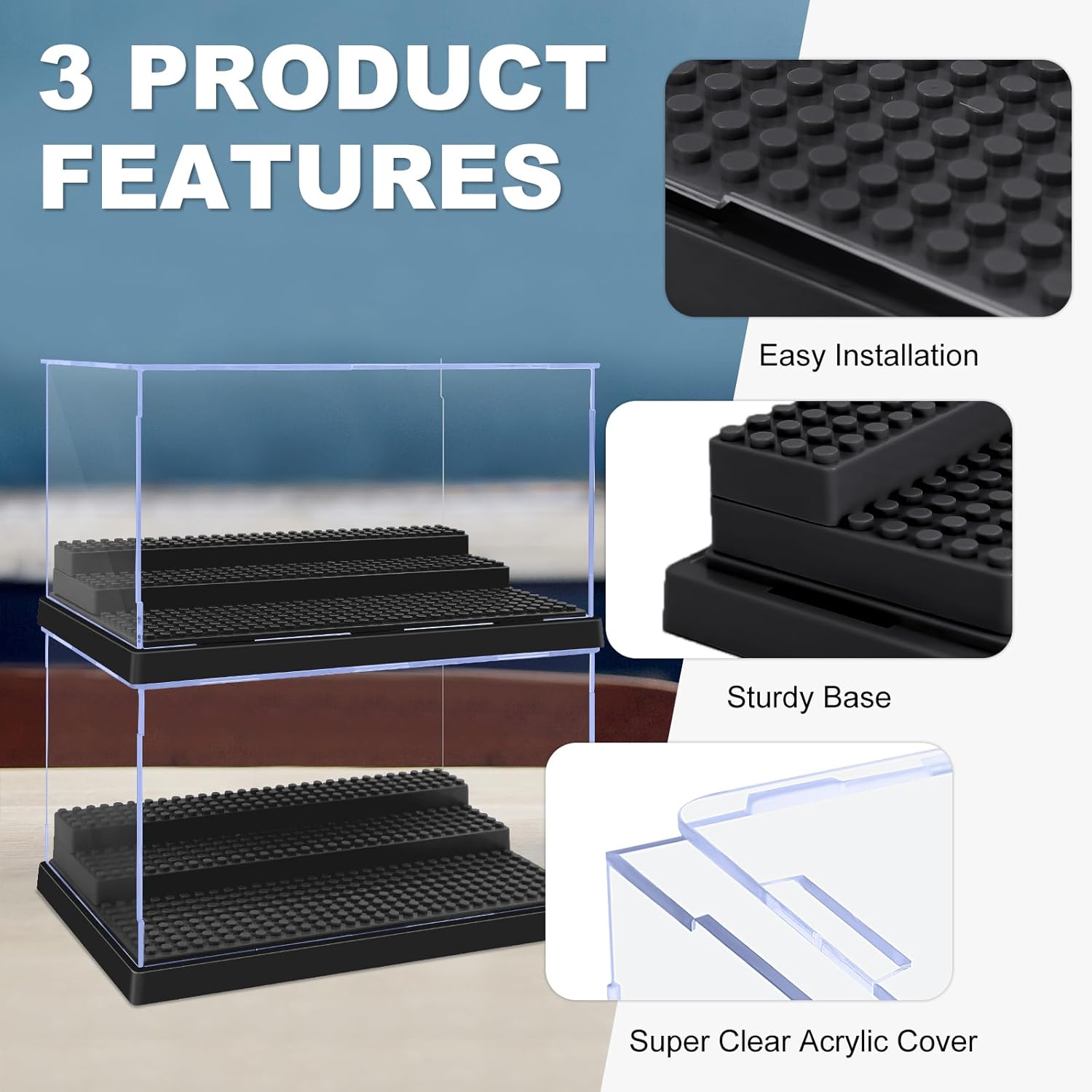 Display Cases for Minifigures, 4 Mini-Figure Display Boxes Fits for Block Figures, Minifigures Cases with 3 Removable Stands Fits for Lego 95% Minifigs, Characters and People, L, Black