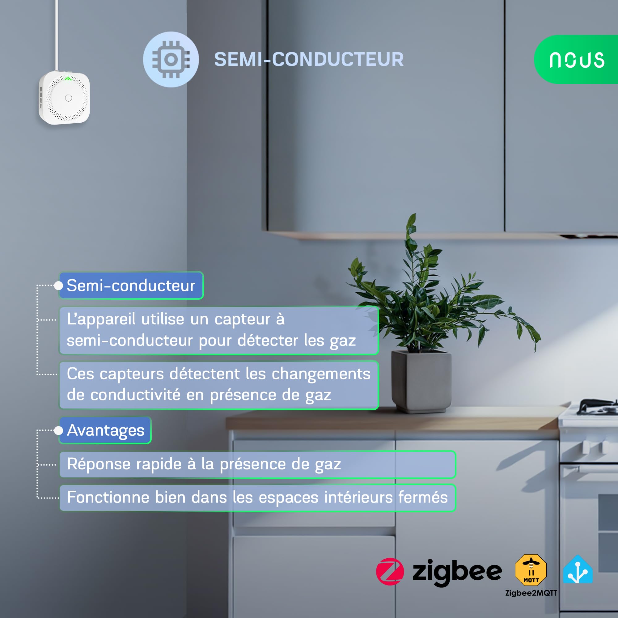 Détecteur de Gaz ZigBee NOUS E9 pour Gaz Inflammables, Alerte 85 DB, Contrôle Via App & Voix, Compatible avec Alexa, Google Assistant, Home Assistant, Tuya, Hub ZigBee Requis