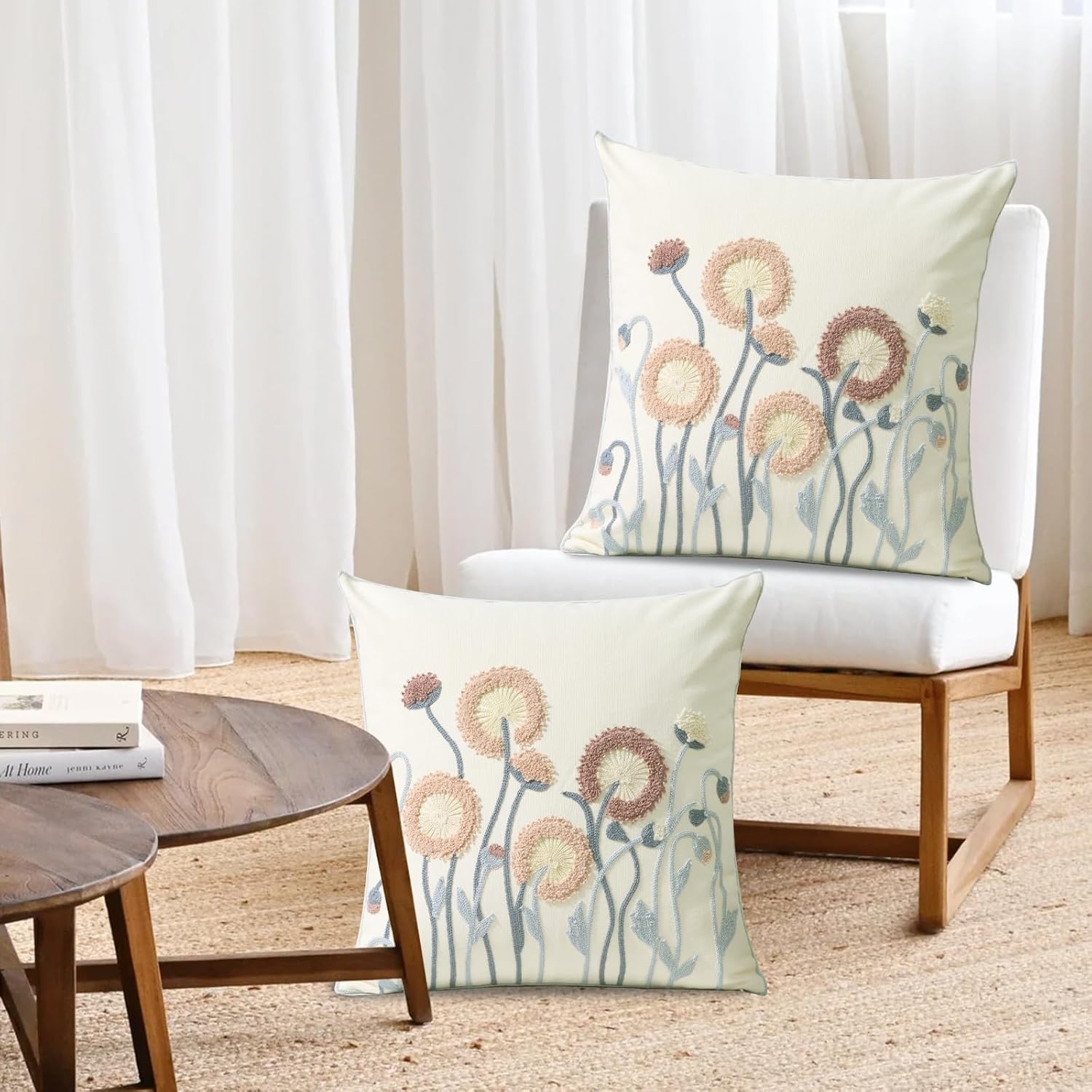 Pack of 2 Embroidered Throw Pillows Cover 18x18 Inch Decorative Pillowcase for Living Room Sofa Bed (Dandelion)