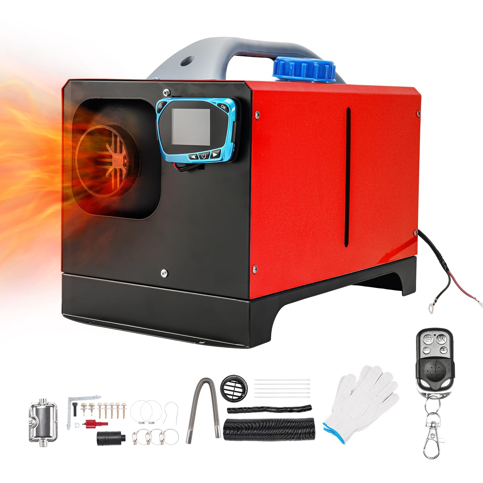 12 V 5 kW Nagrzewnica Diesla Pojedynczy otwór Uniwersalny Nagrzewnica Powietrza Diesla z Inteligentnym Wyświetlaczem LCD do Garażu, Kamperów, Pojazdów RV, Ciężarówek, Przyczep, Łodzi (Czerwony)